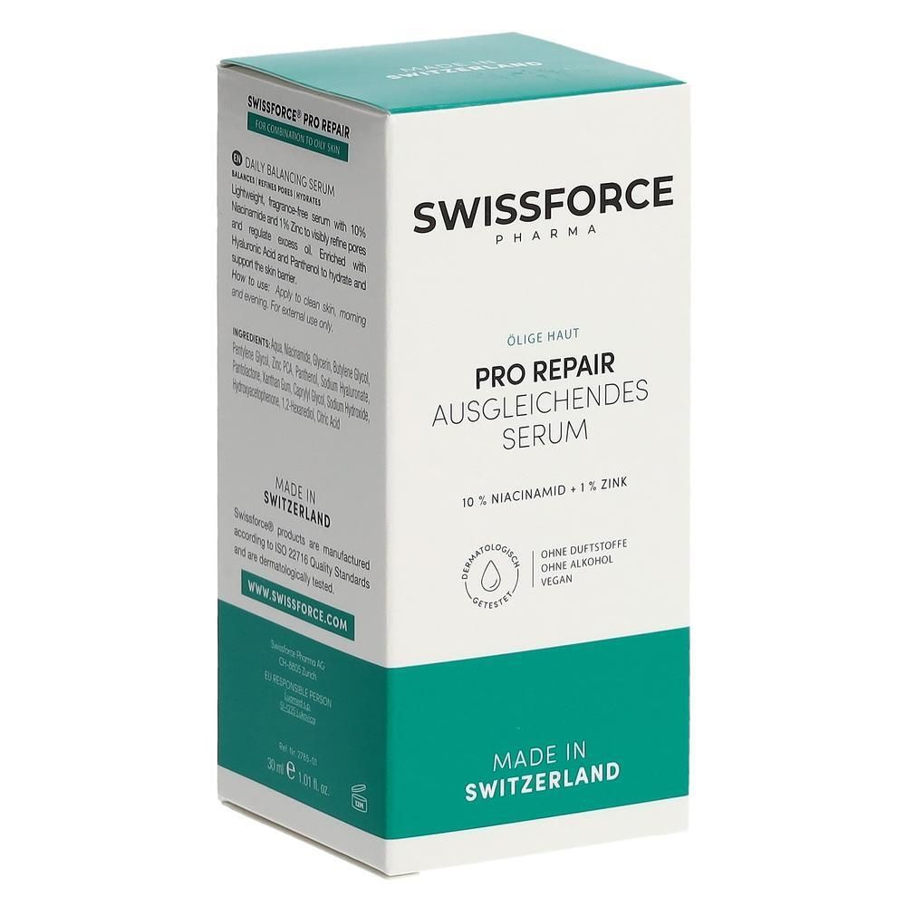 Doosje met serum. Opschrift: SWISSFORCE Pharma, PRO REPAIR Ausgleichendes Serum, 10% Niacinamide + 1% Zink. Gemaakt in Zwitserland.