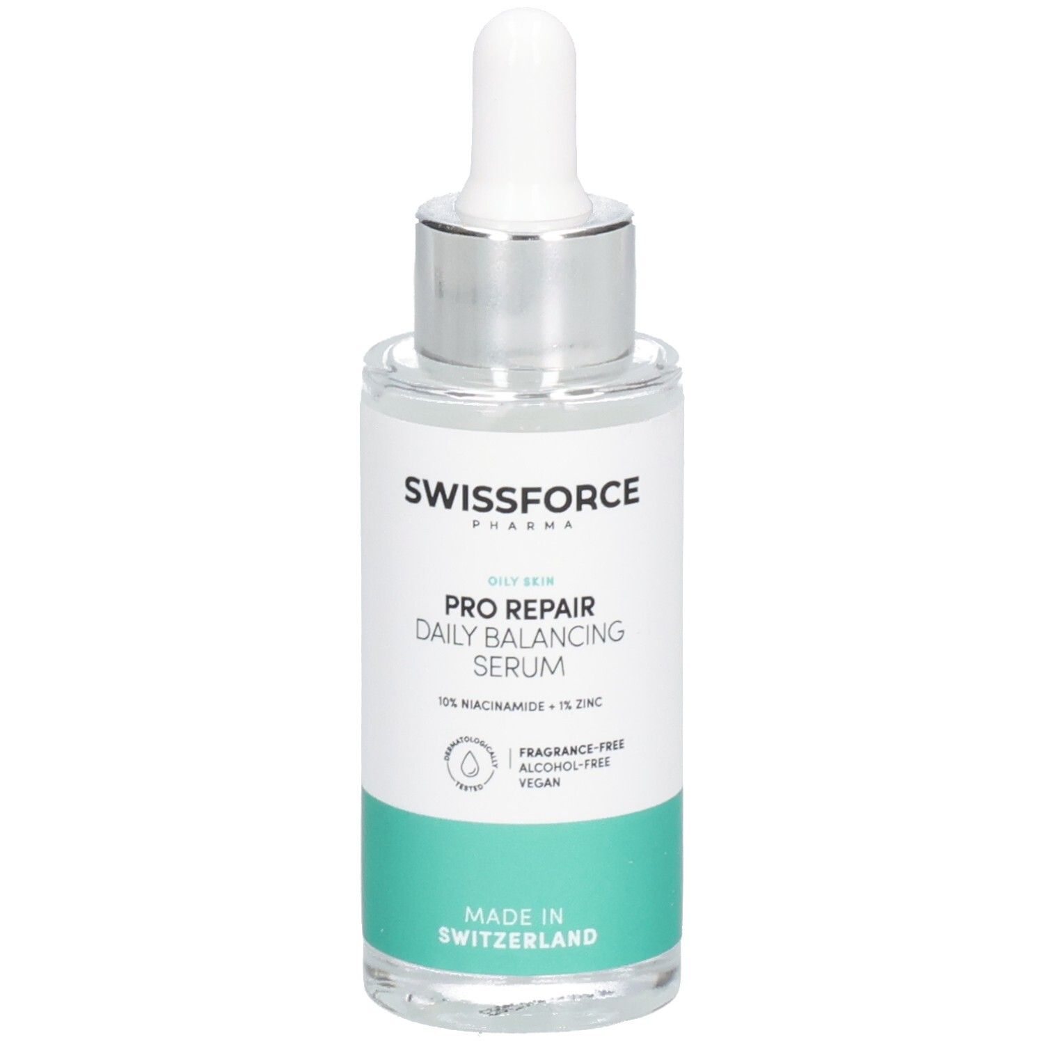 Serumfles met pipet. Opschrift: SWISSFORCE Pharma, PRO REPAIR Daily Balancing Serum, 10% Niacinamide + 1% Zink. Gemaakt in Zwitserland.
