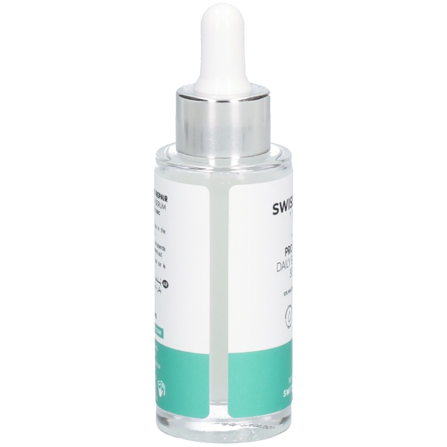 Achteraanzicht van de serumfles. Opschrift: SWISSFORCE Pharma, PRO REPAIR Daily Balancing Serum. Gemaakt in Zwitserland. Met gebruiksaanwijzing.