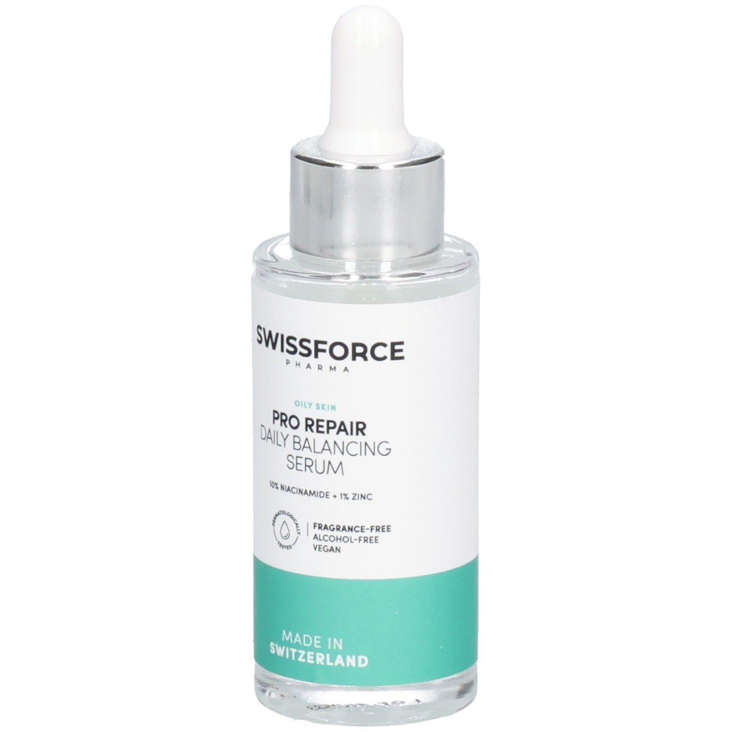Serumfles met pipet. Opschrift: SWISSFORCE Pharma, PRO REPAIR Daily Balancing Serum, 10% Niacinamide + 1% Zink. Gemaakt in Zwitserland.