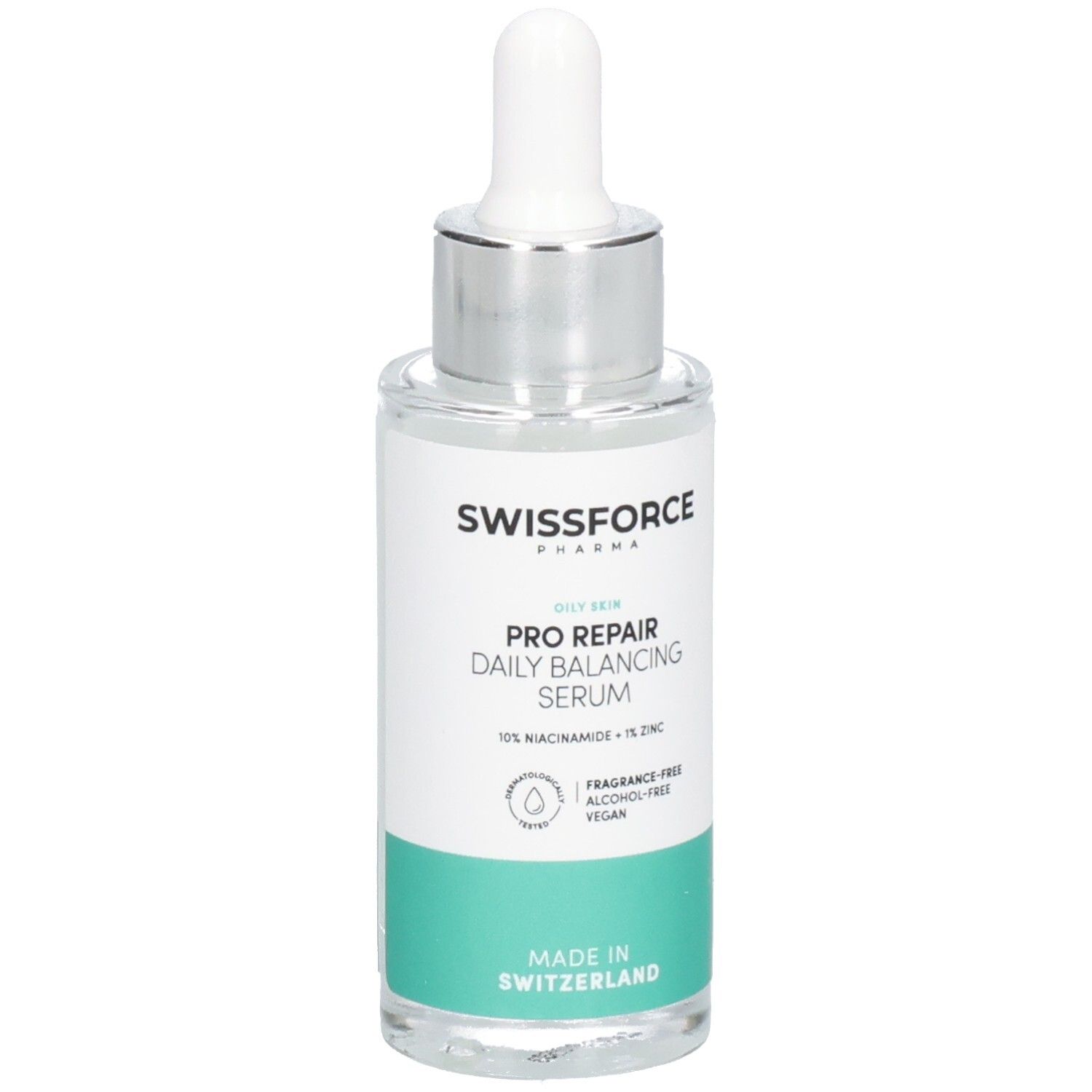 Serumfles met pipet. Opschrift: SWISSFORCE Pharma, PRO REPAIR Daily Balancing Serum, 10% Niacinamide + 1% Zink. Gemaakt in Zwitserland.