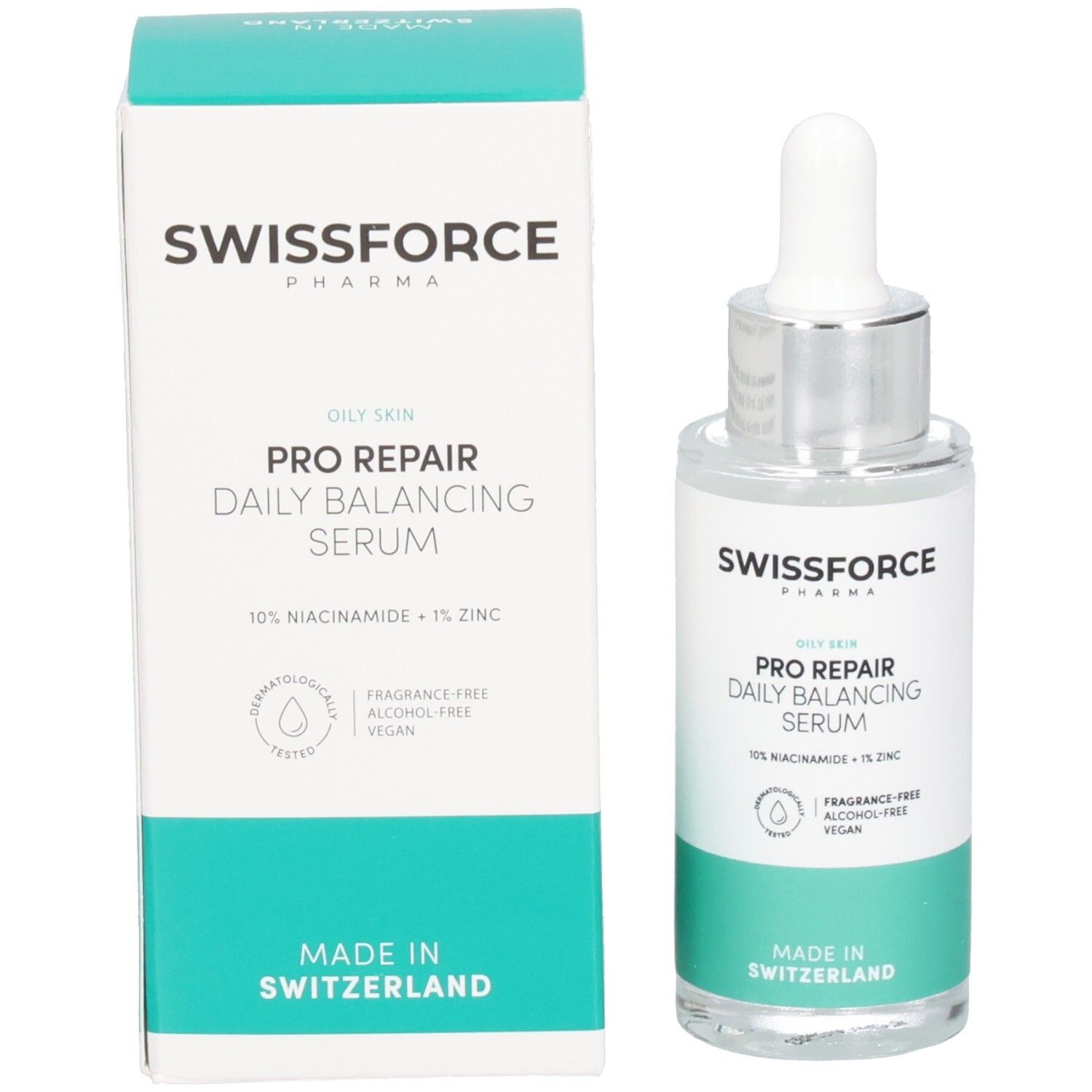 Serumfles en doosje. Opschrift: SWISSFORCE Pharma, PRO REPAIR Daily Balancing Serum, 10% Niacinamide + 1% Zink. Gemaakt in Zwitserland.