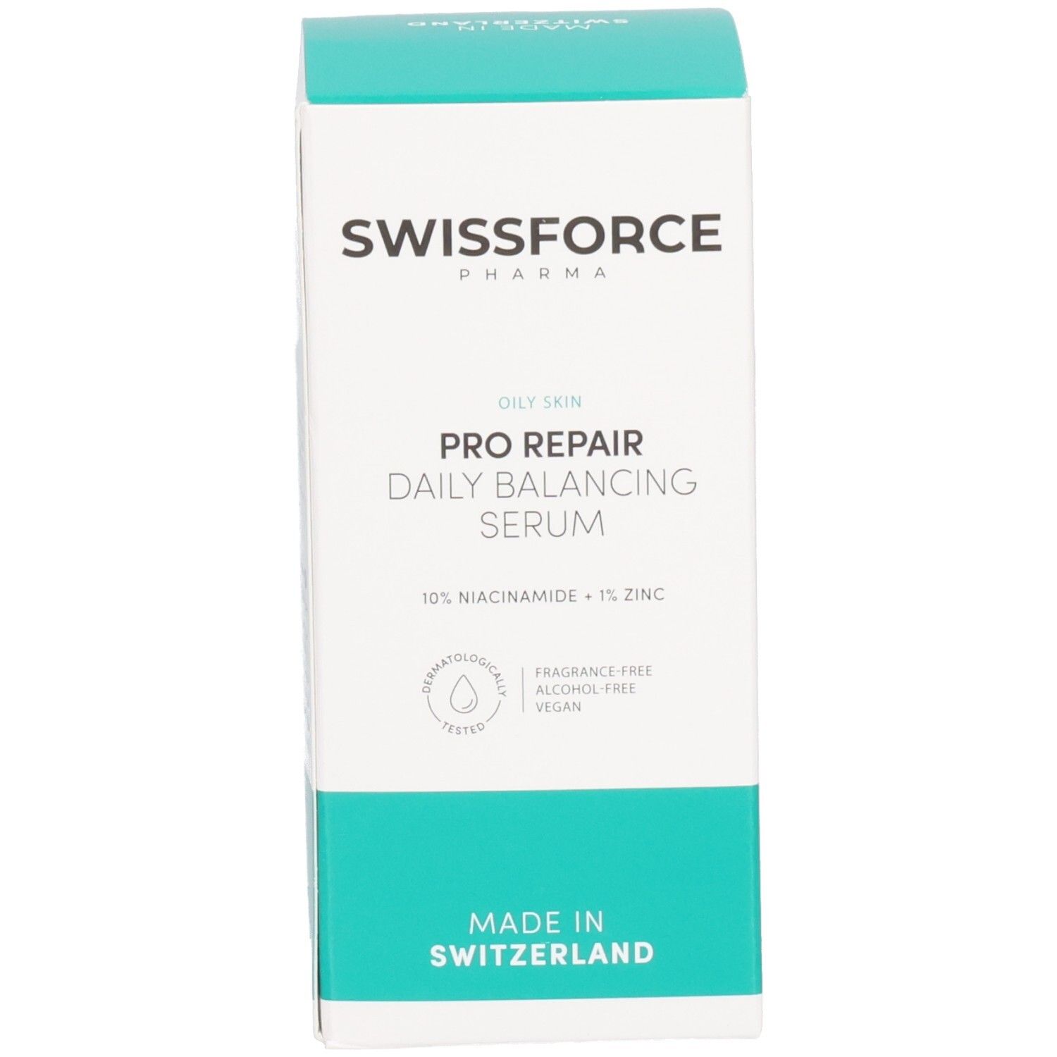 Doosje. Opschrift: SWISSFORCE Pharma, PRO REPAIR Daily Balancing Serum, 10% Niacinamide + 1% Zink. Gemaakt in Zwitserland.