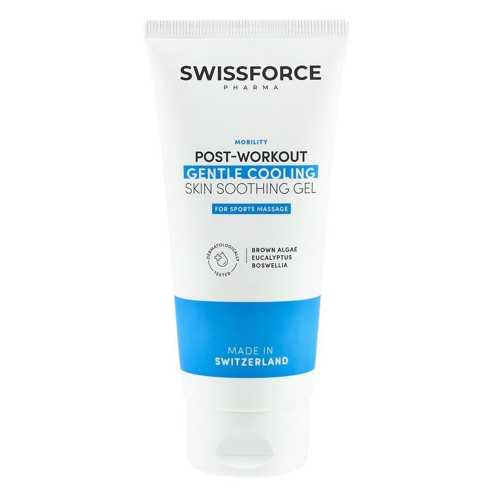 Witte tube met blauwe band. Opschrift: SWISSFORCE, POST-WORKOUT, GENTLE COOLING, SKIN SOOTHING GEL. Voor sportmassage.