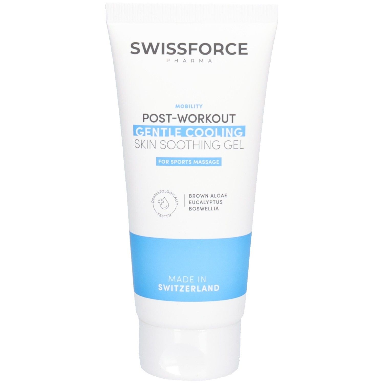 Witte tube met blauwe band. Opschrift: SWISSFORCE, POST-WORKOUT, GENTLE COOLING, SKIN SOOTHING GEL. Voor sportmassage.