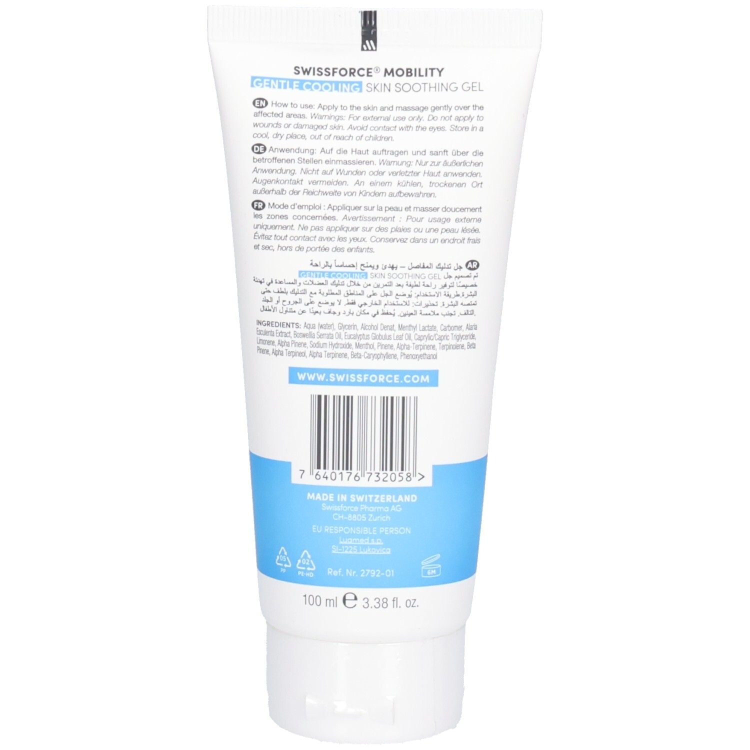 Achterkant van een witte tube. Tekst: Gebruiksaanwijzing, ingrediënten, www.swissforce.com. Onderaan: 100 ml, Made in Switzerland.