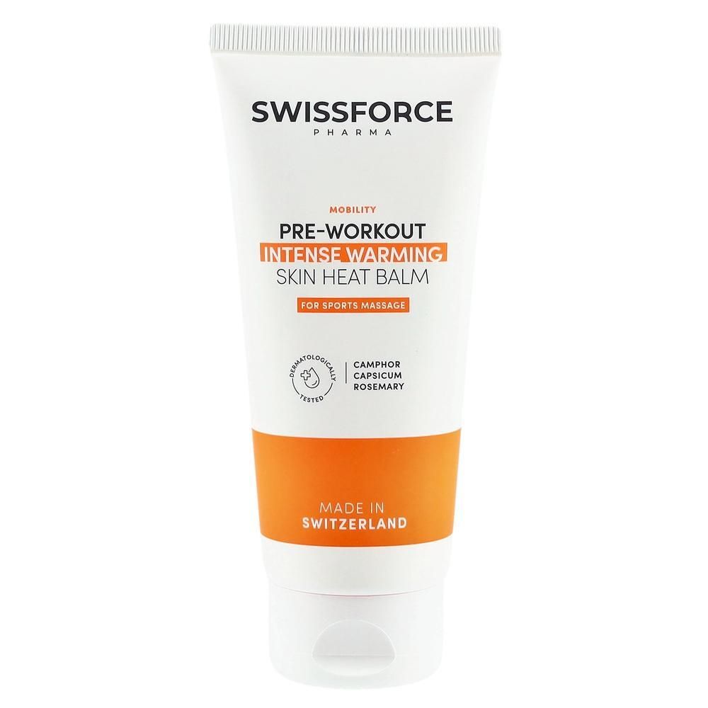 Wit-oranje tube. SWISSFORCE Pharma. PRE-WORKOUT INTENSE WARMING SKIN HEAT BALM. Voor sportmassage. Dermatologisch getest.