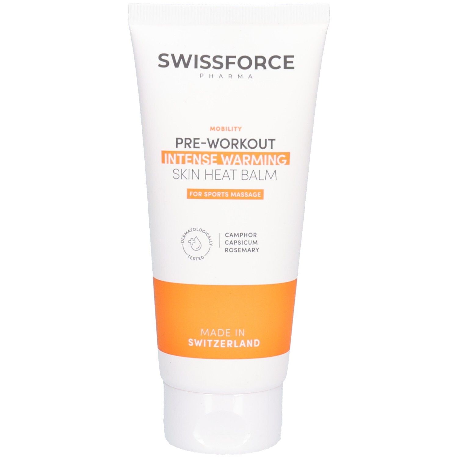 Wit-oranje tube. SWISSFORCE Pharma. PRE-WORKOUT INTENSE WARMING SKIN HEAT BALM. Voor sportmassage. Dermatologisch getest.