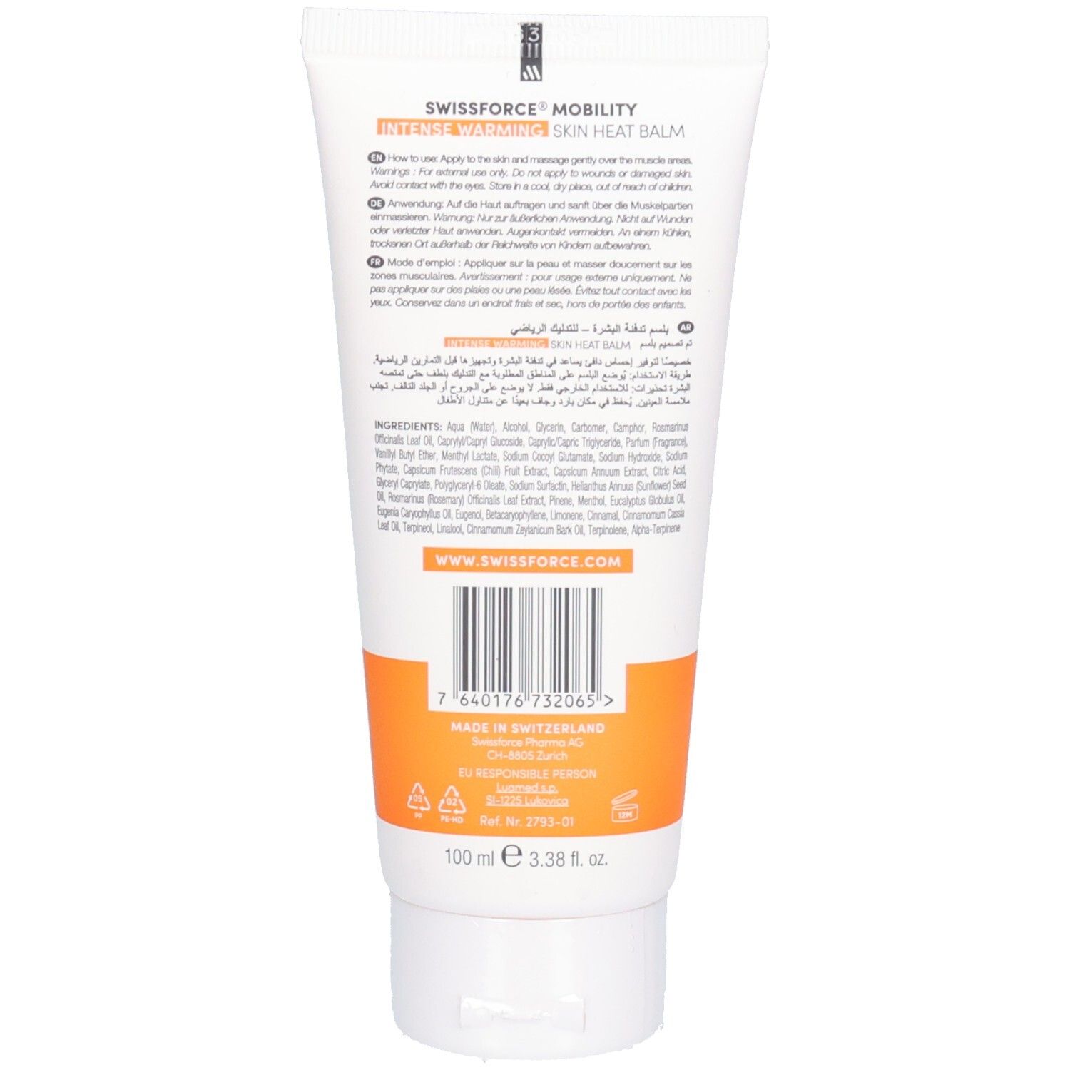 Achterkant van een tube. Tekst en barcode. Ingrediënten, gebruiksaanwijzing. 100 ml. Gemaakt in Zwitserland. Oranje streep.