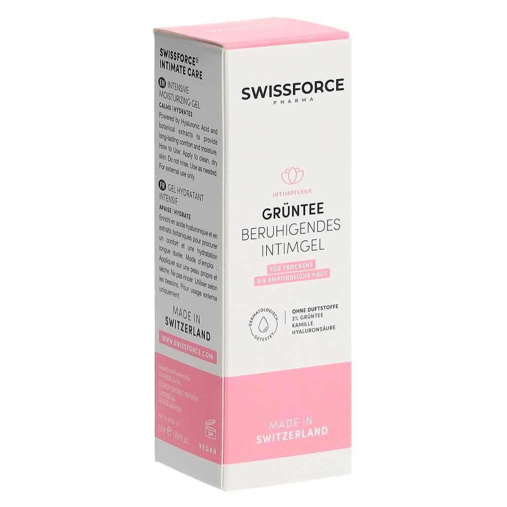 Wit-roze verpakking. Tekst: SWISSFORCE, Intieme verzorging, Groene thee verzachtende intieme gel. Zonder parfum. Vegan. Gemaakt in Zwitserland.