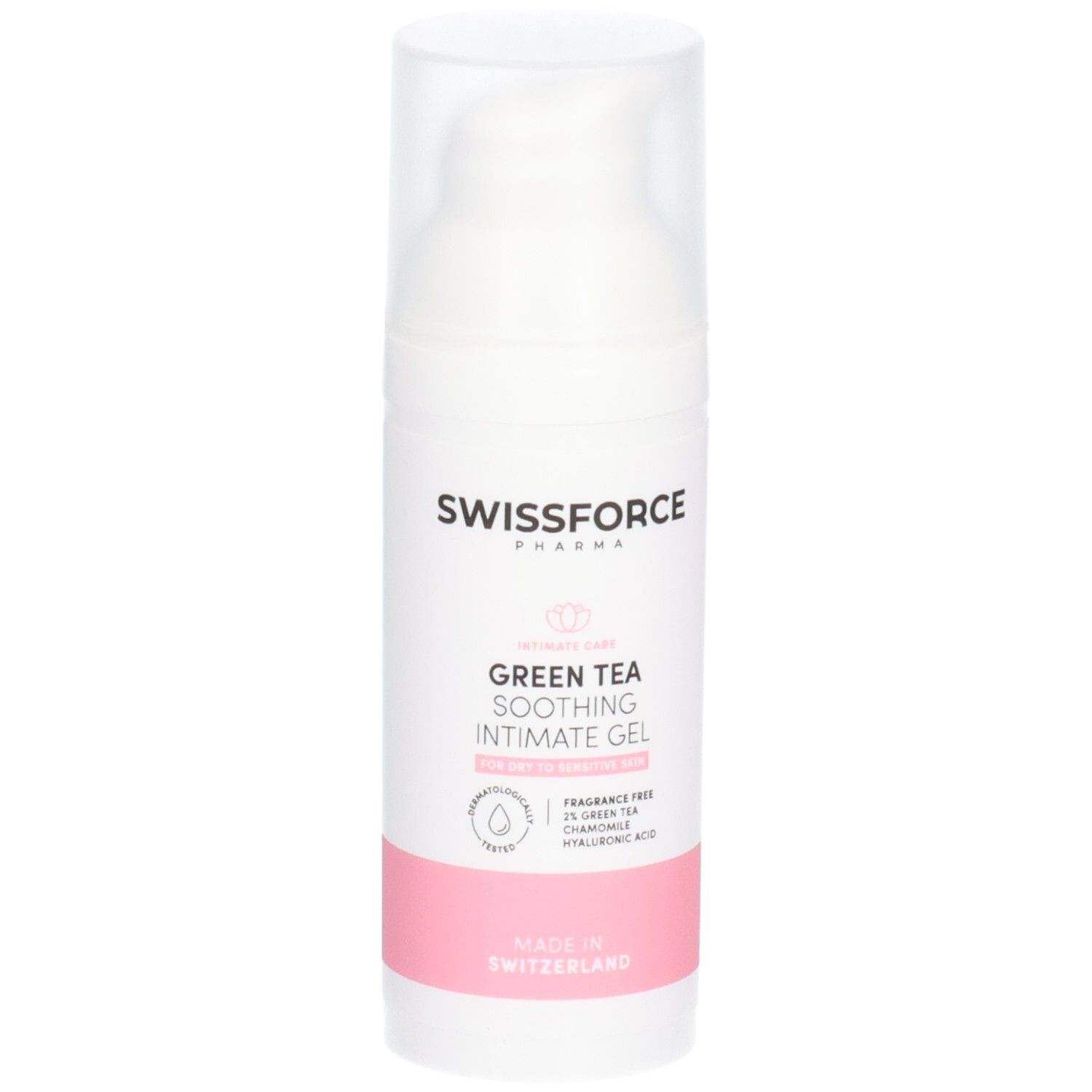 SWISSFORCE GREEN TEA verzachtende intieme gel in dispenserfles.