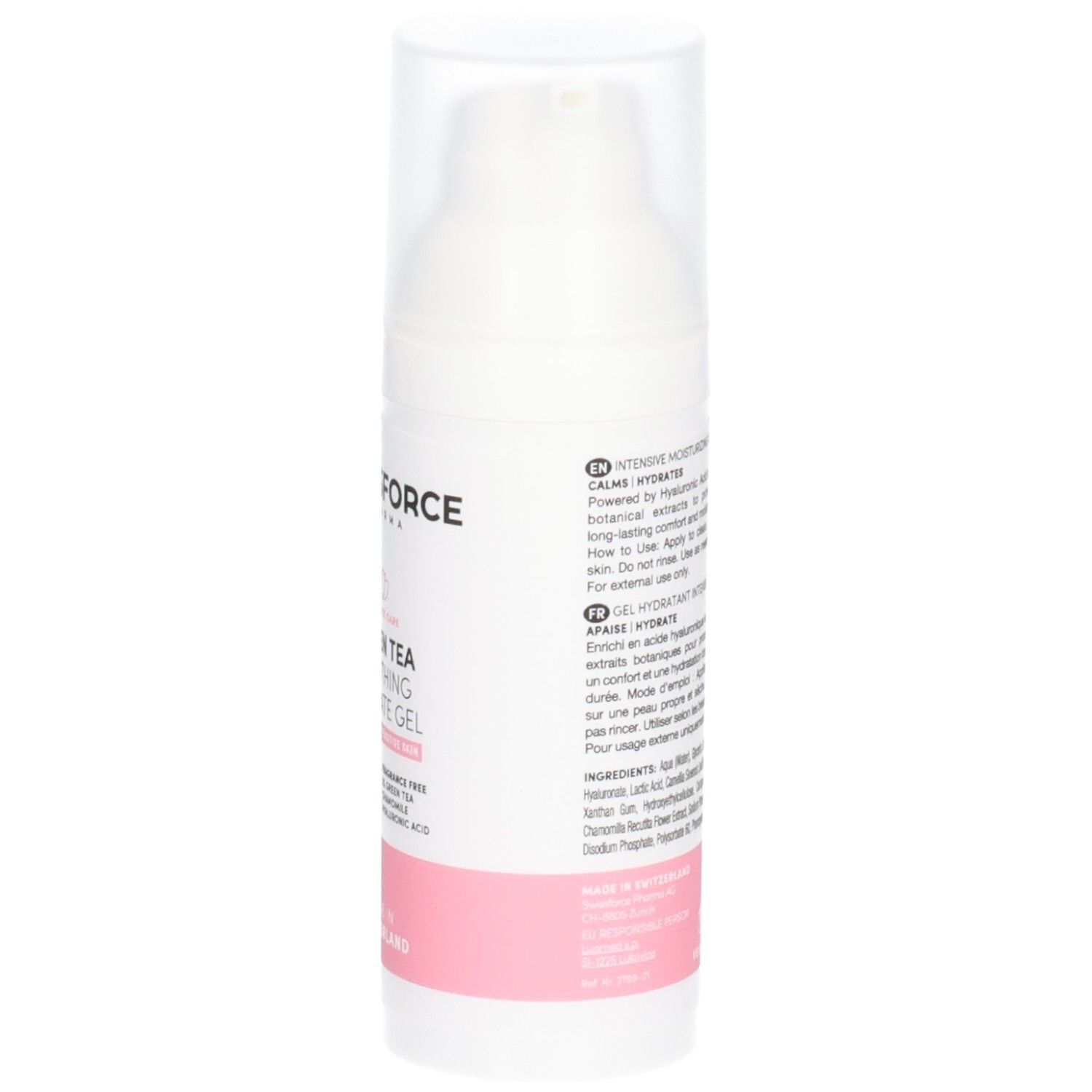 Witte fles met transparante deksel. Tekst: SWISSFORCE. Opschrift: Groene thee verzachtende intieme gel. Vegan. Gemaakt in Zwitserland.