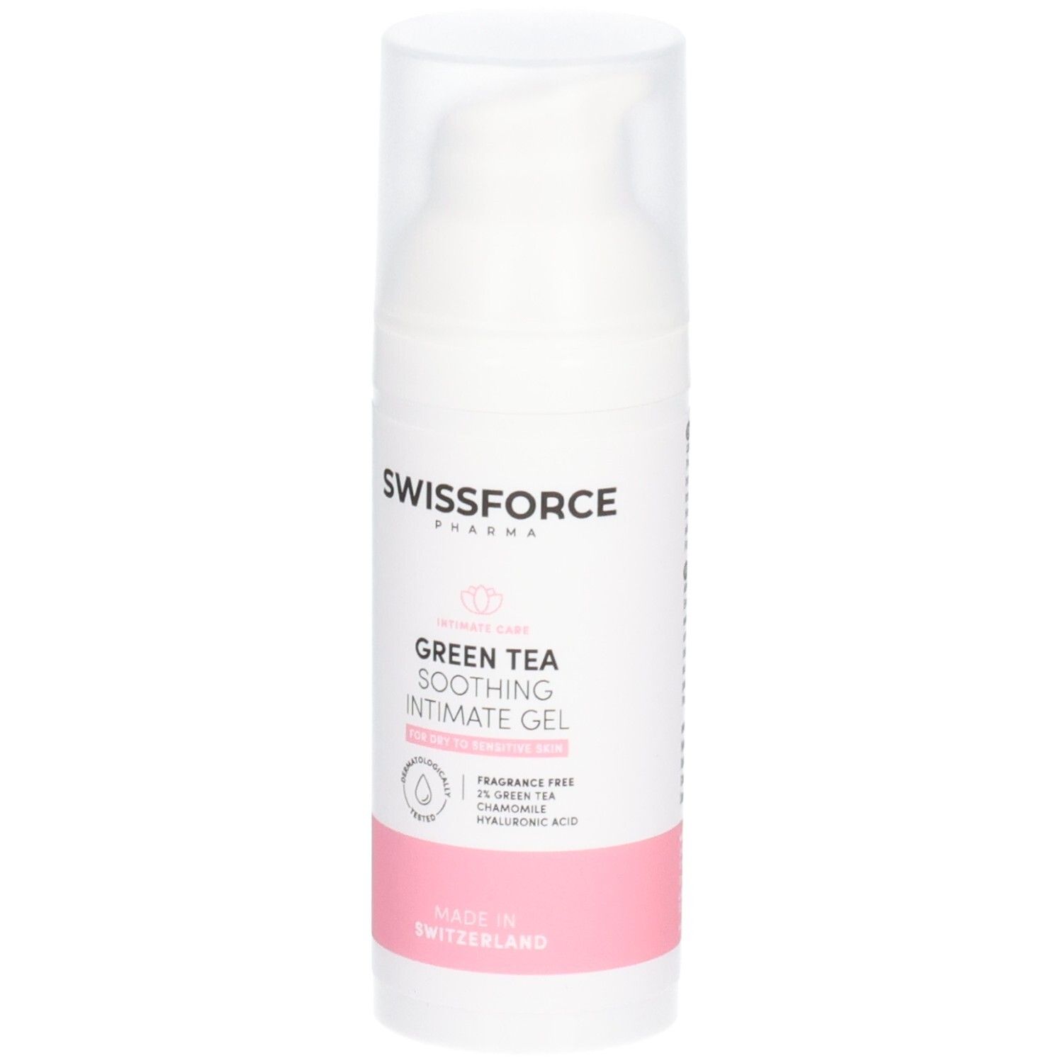 Witte fles met transparante deksel. Tekst: SWISSFORCE. Opschrift: Groene thee verzachtende intieme gel. Vegan. Gemaakt in Zwitserland.
