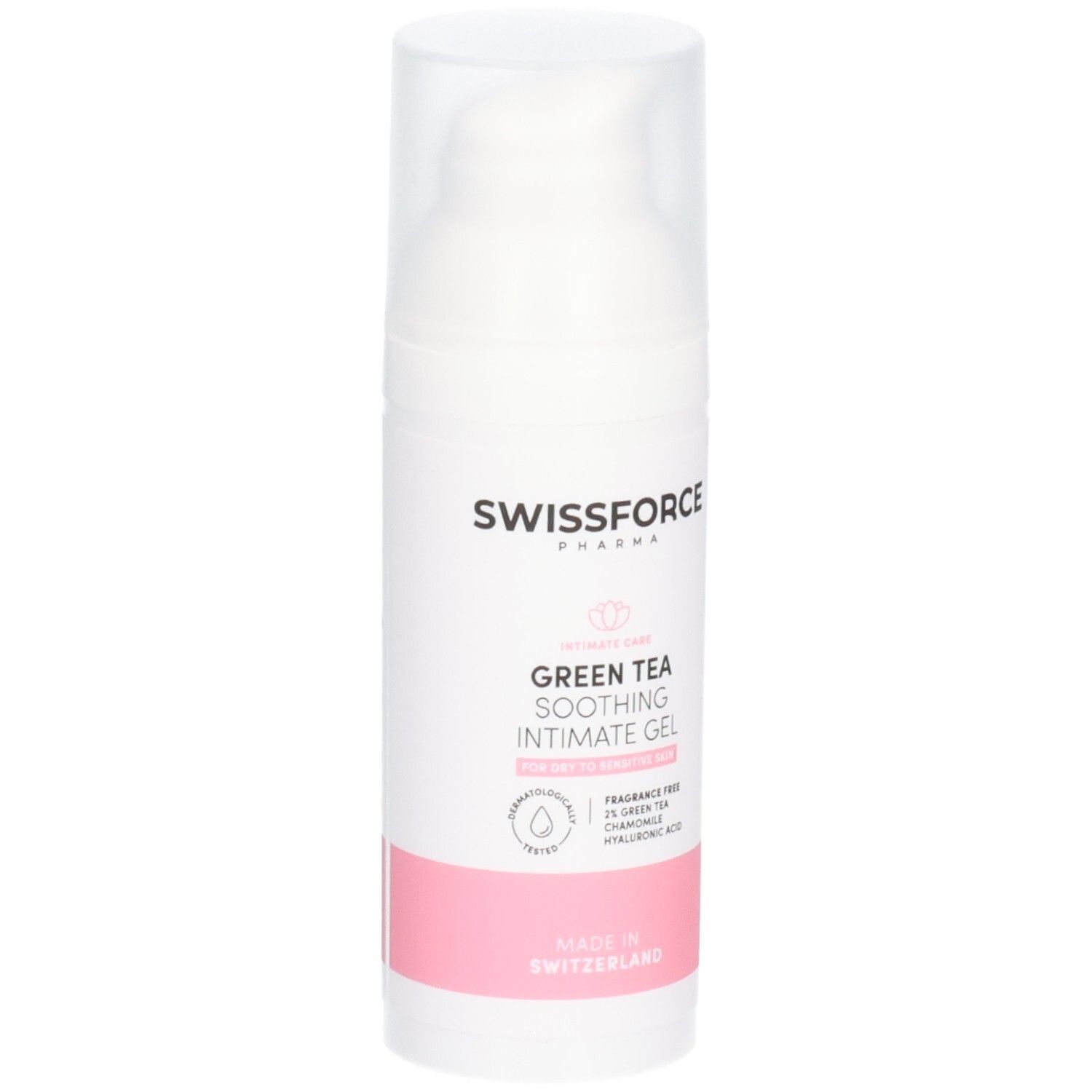 Witte fles met transparante deksel. Tekst: SWISSFORCE. Opschrift: Groene thee verzachtende intieme gel. Vegan. Gemaakt in Zwitserland.