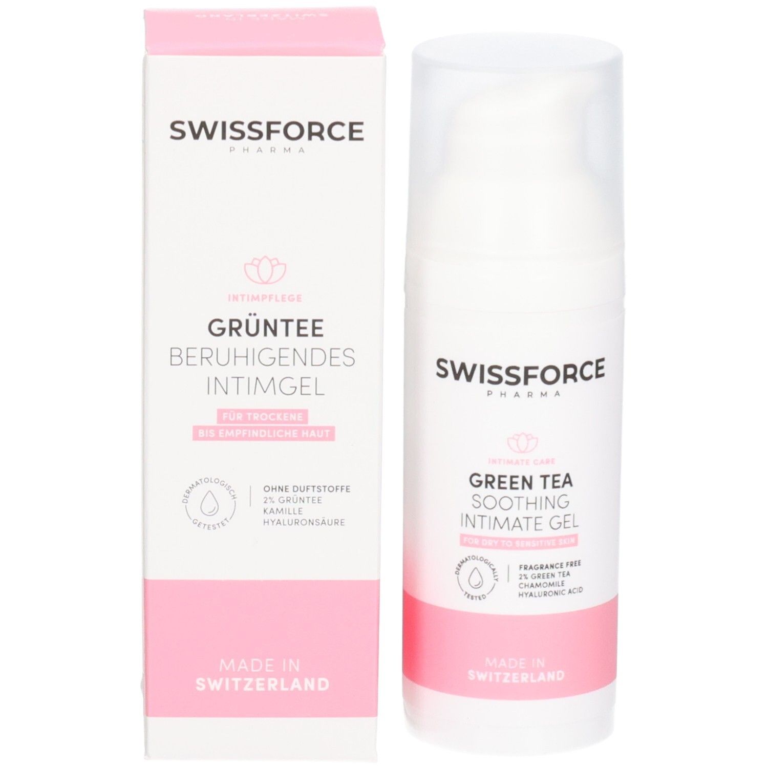 Product en verpakking. Witte fles en roze-witte verpakking. Tekst: SWISSFORCE, Groene thee verzachtende intieme gel. Vegan. Gemaakt in Zwitserland.