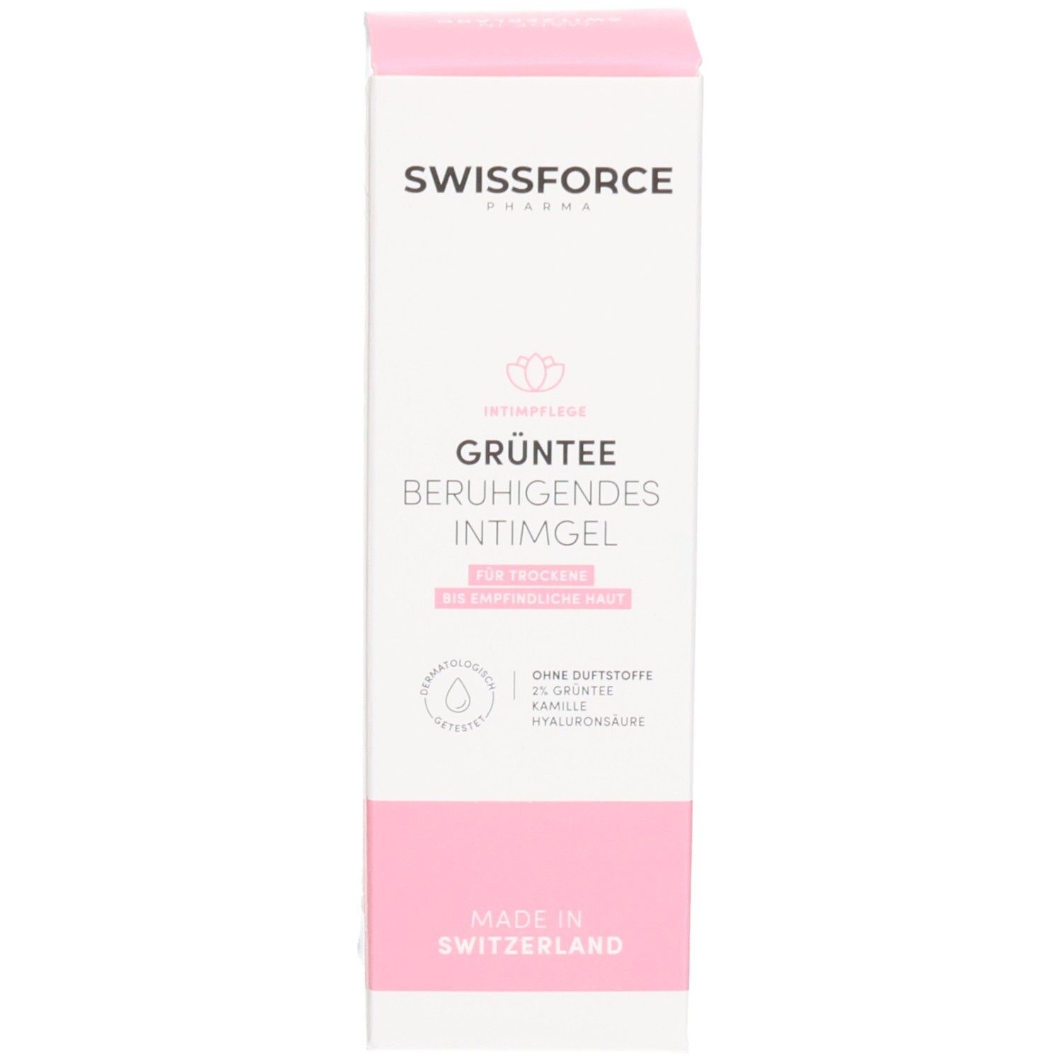 Roze-witte verpakking. Tekst: SWISSFORCE, Groene thee verzachtende intieme gel. Zonder parfum. Vegan. Gemaakt in Zwitserland.