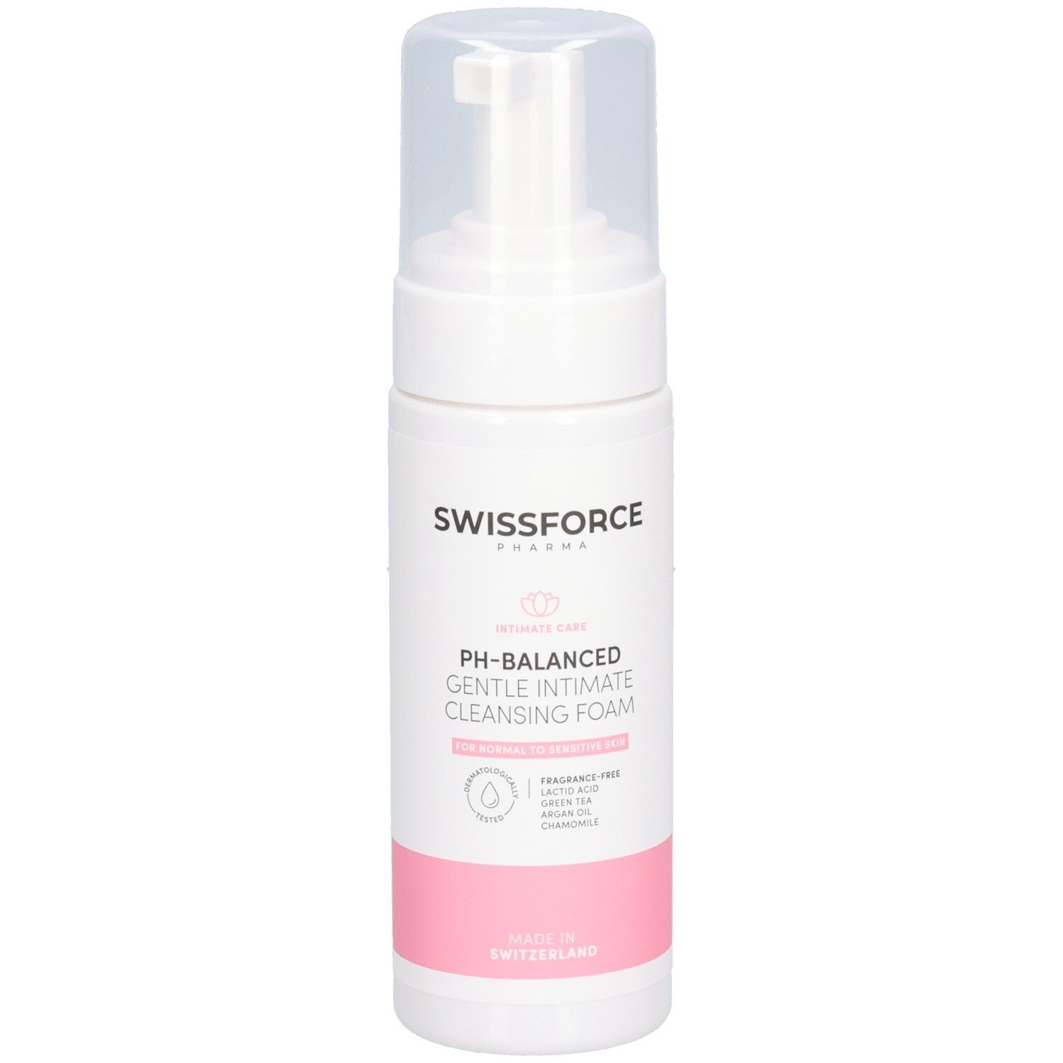 Fles SWISSFORCE vegane Intimate Cleansing Gel met pompdos.