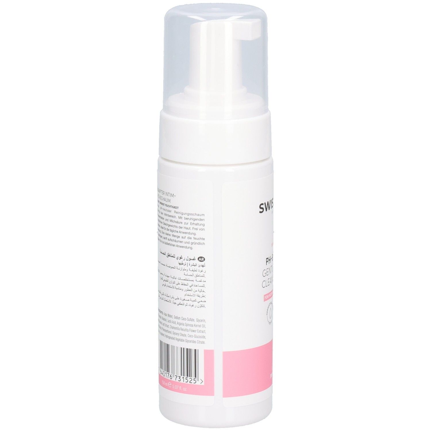 Achterkant van de fles SWISSFORCE Intimate Cleansing Gel met tekst.