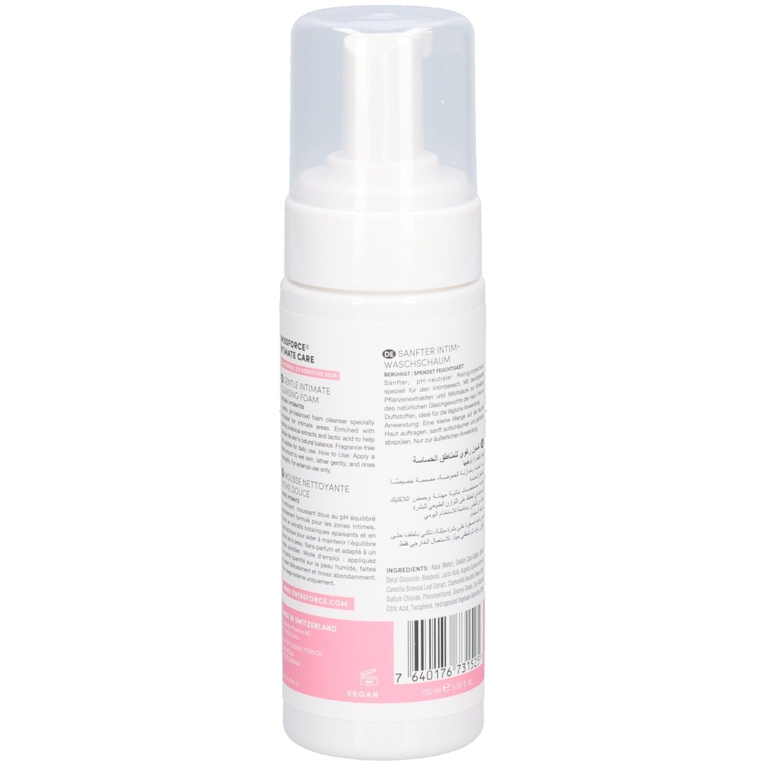 Achterkant van de fles SWISSFORCE Intimate Cleansing Gel met barcode.
