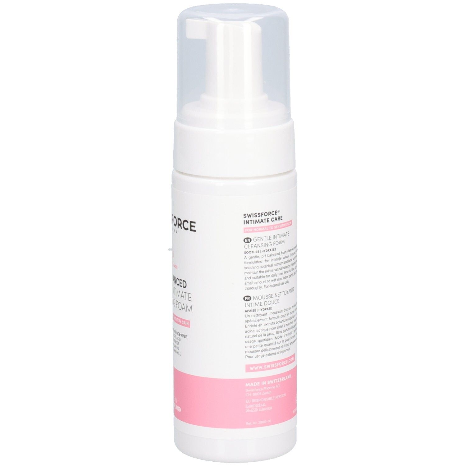 Zijkant van de fles SWISSFORCE Intimate Cleansing Gel met productinformatie.