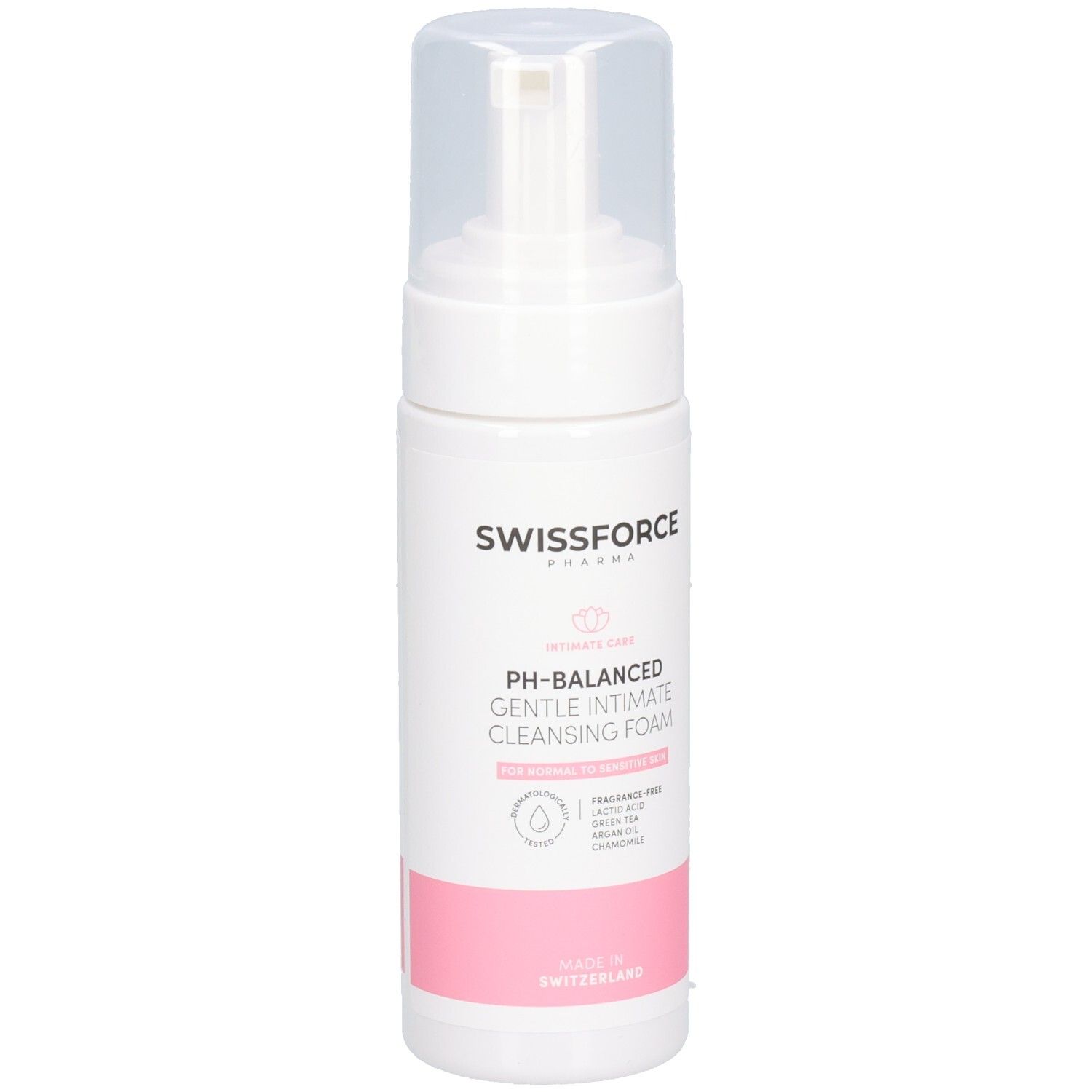 Fles SWISSFORCE Intimate Cleansing Gel, licht schuin.