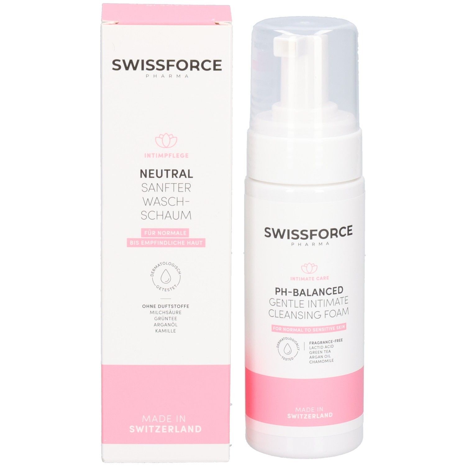 Fles SWISSFORCE Intimate Cleansing Gel, zijaanzicht.