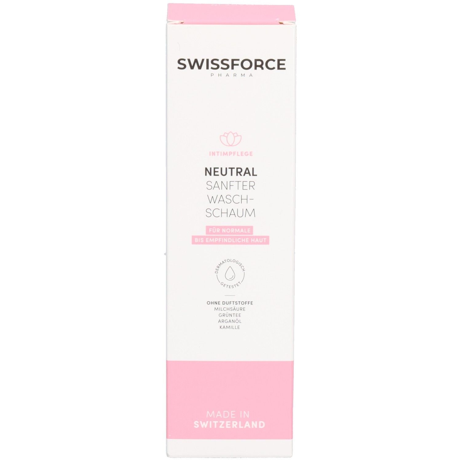 Verpakking en fles van SWISSFORCE Intimate Cleansing Gel naast elkaar.