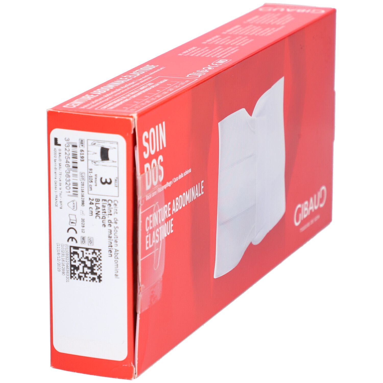 Boîte rouge, vue latérale. Inscription : SOIN DOS, CEINTURE ABDOMINALE ÉLASTIQUE. Marque : Gibaud. Taille 3.