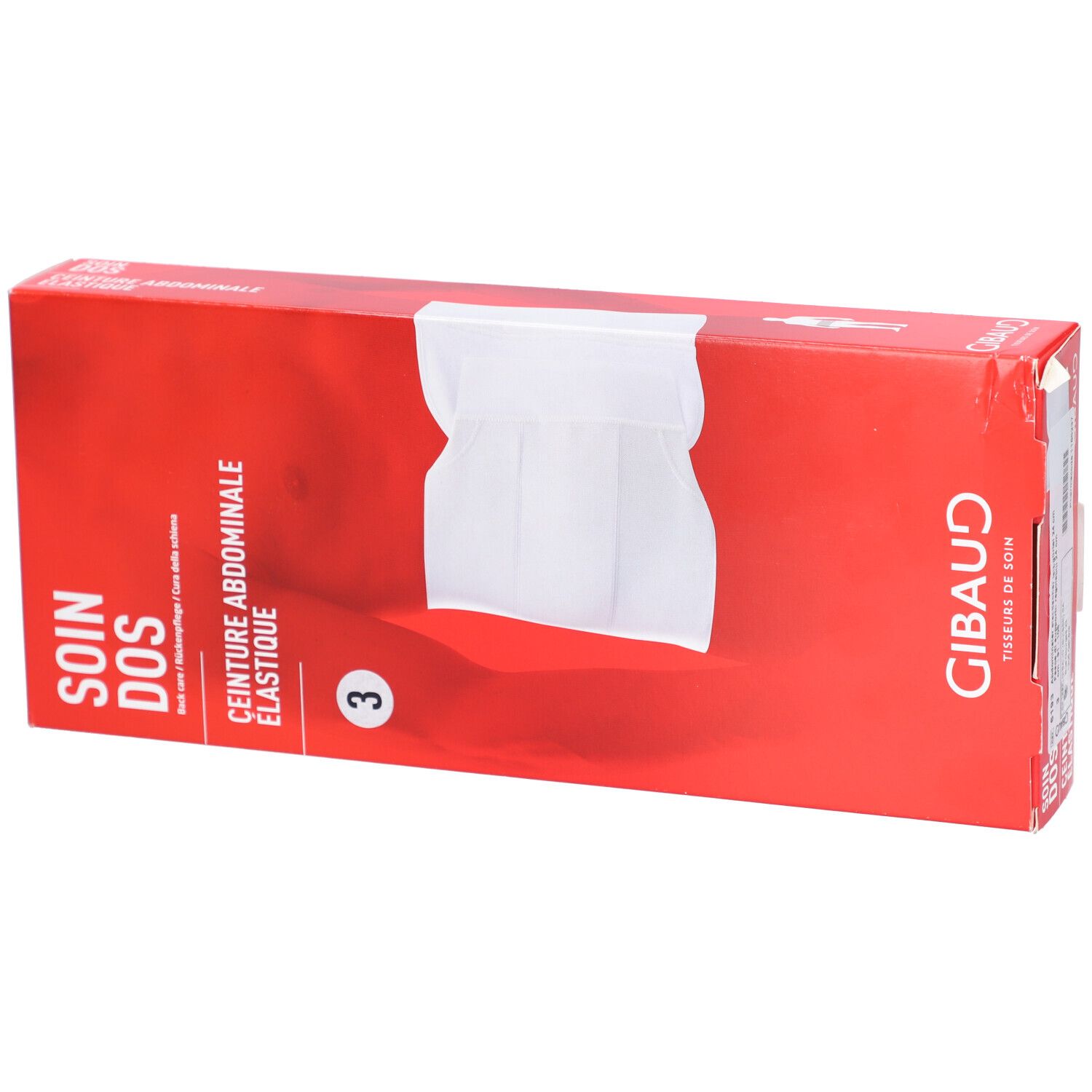 Boîte rouge avec ceinture abdominale blanche. Inscription : SOIN DOS, CEINTURE ABDOMINALE ÉLASTIQUE. Taille 3.