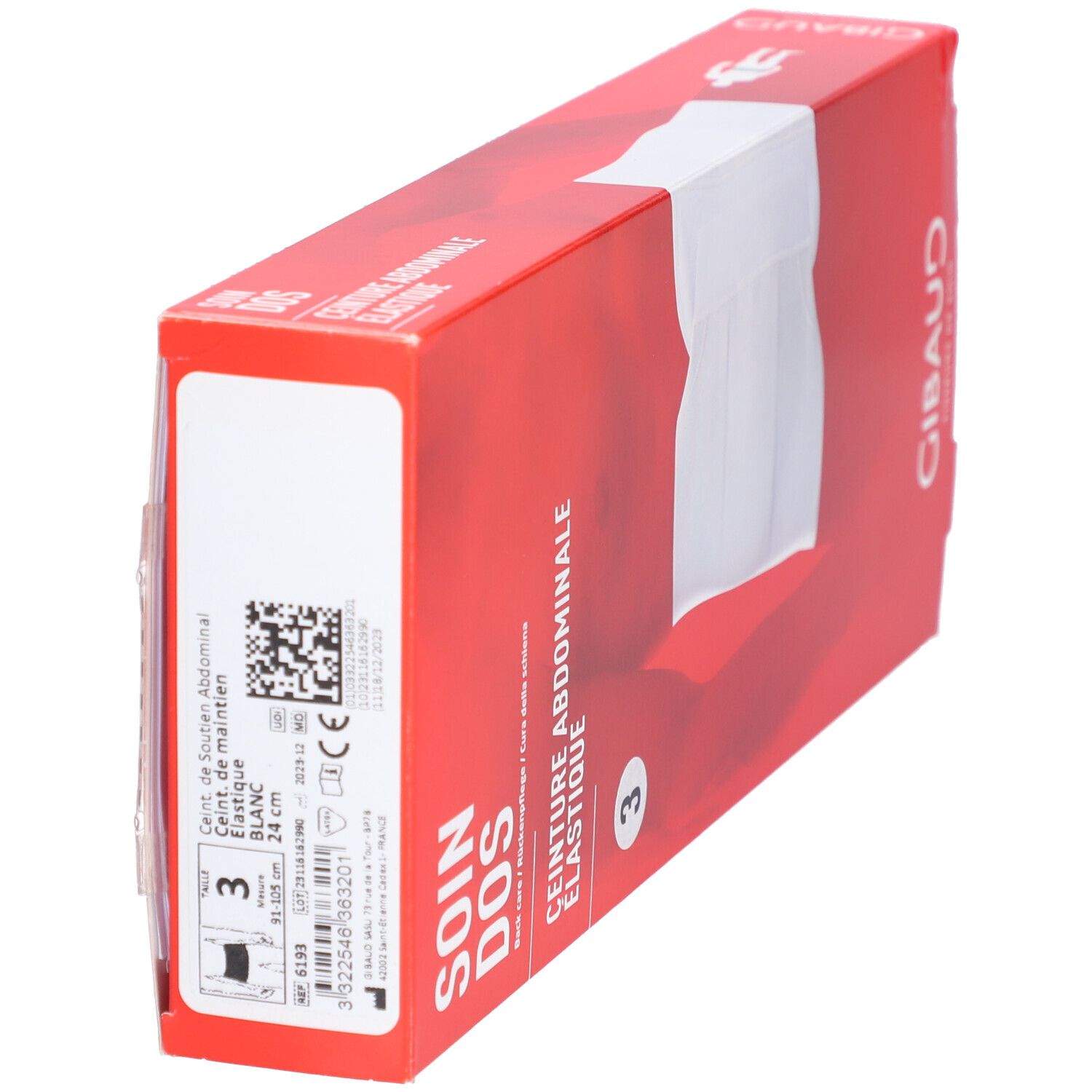 Boîte rouge, vue latérale. Inscription : SOIN DOS, CEINTURE ABDOMINALE ÉLASTIQUE. Taille 3. Marque : Gibaud.