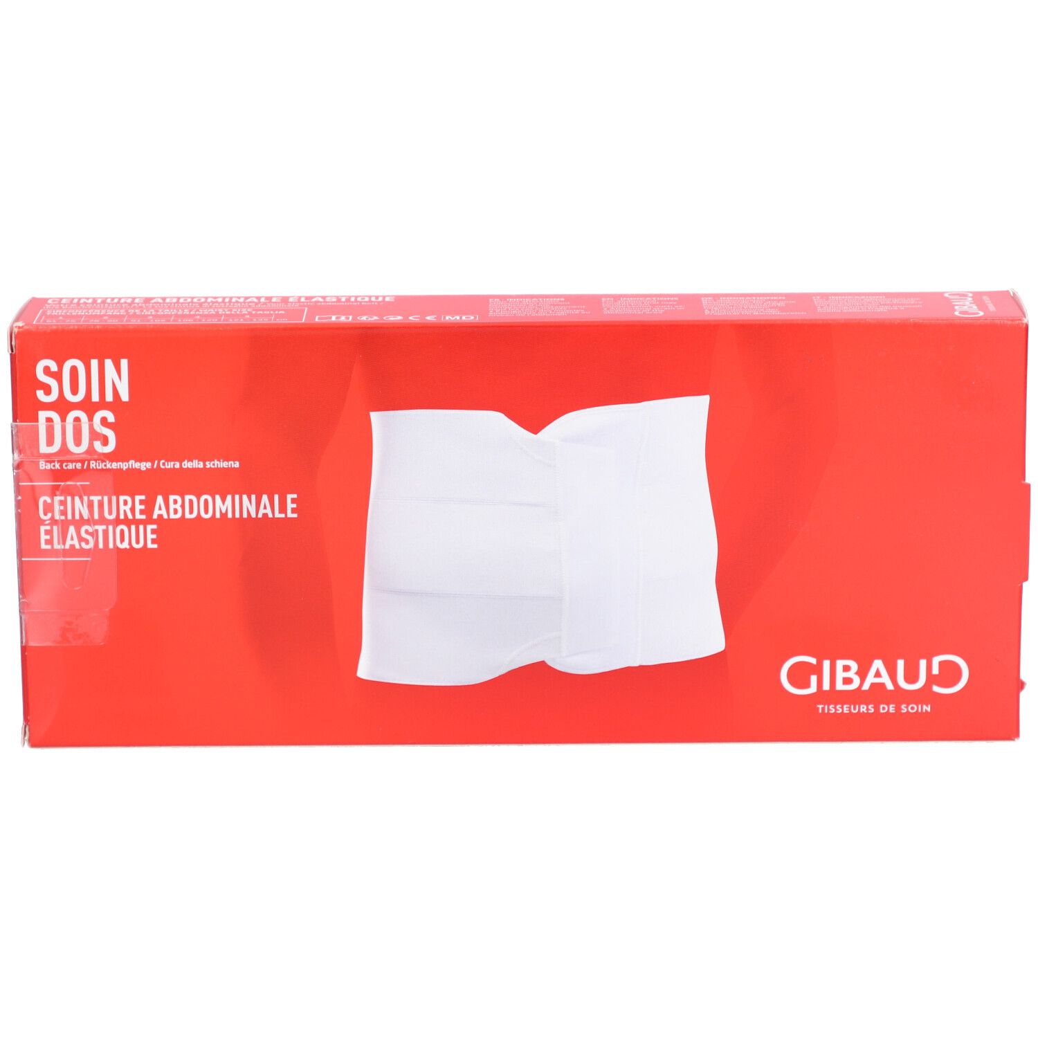 Boîte rouge avec ceinture abdominale blanche. Inscription : SOIN DOS, CEINTURE ABDOMINALE ÉLASTIQUE. Marque : Gibaud.