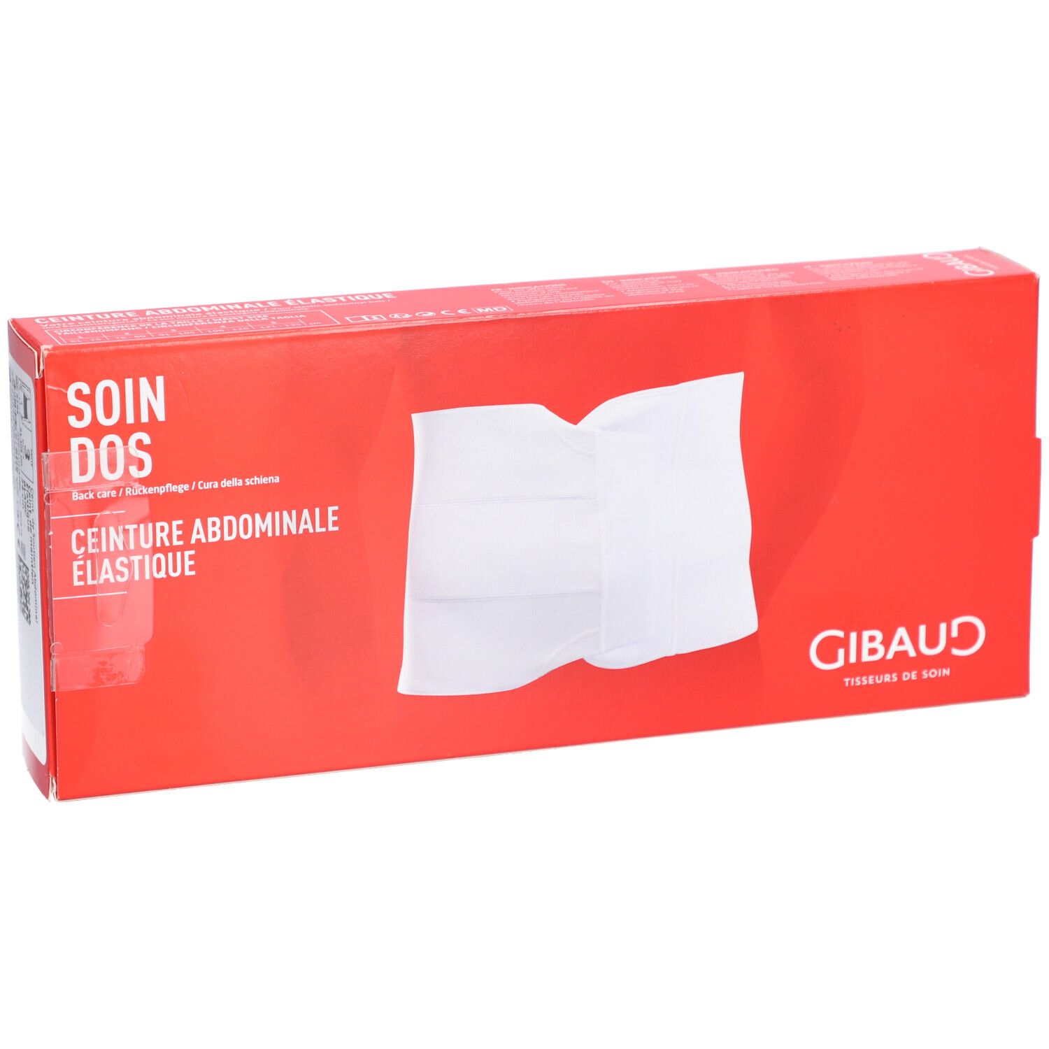 Boîte rouge avec ceinture abdominale blanche. Inscription : SOIN DOS, CEINTURE ABDOMINALE ÉLASTIQUE. Marque : Gibaud.