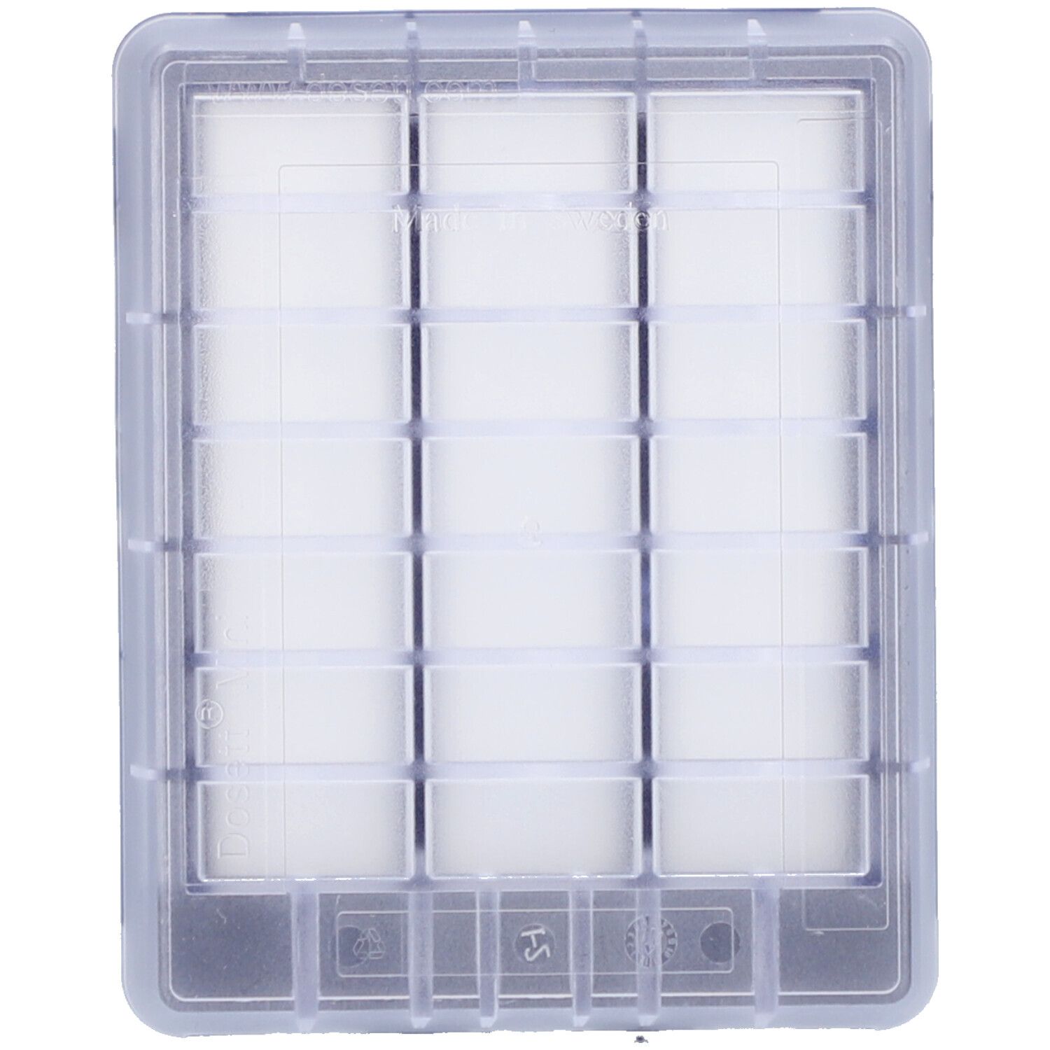 Emballage avec étiquette produit. DOSETT mini pilulier. Illustration de capsule bleue. Texte : SAFE MEDICATION FOR ACTIVE PEOPLE.