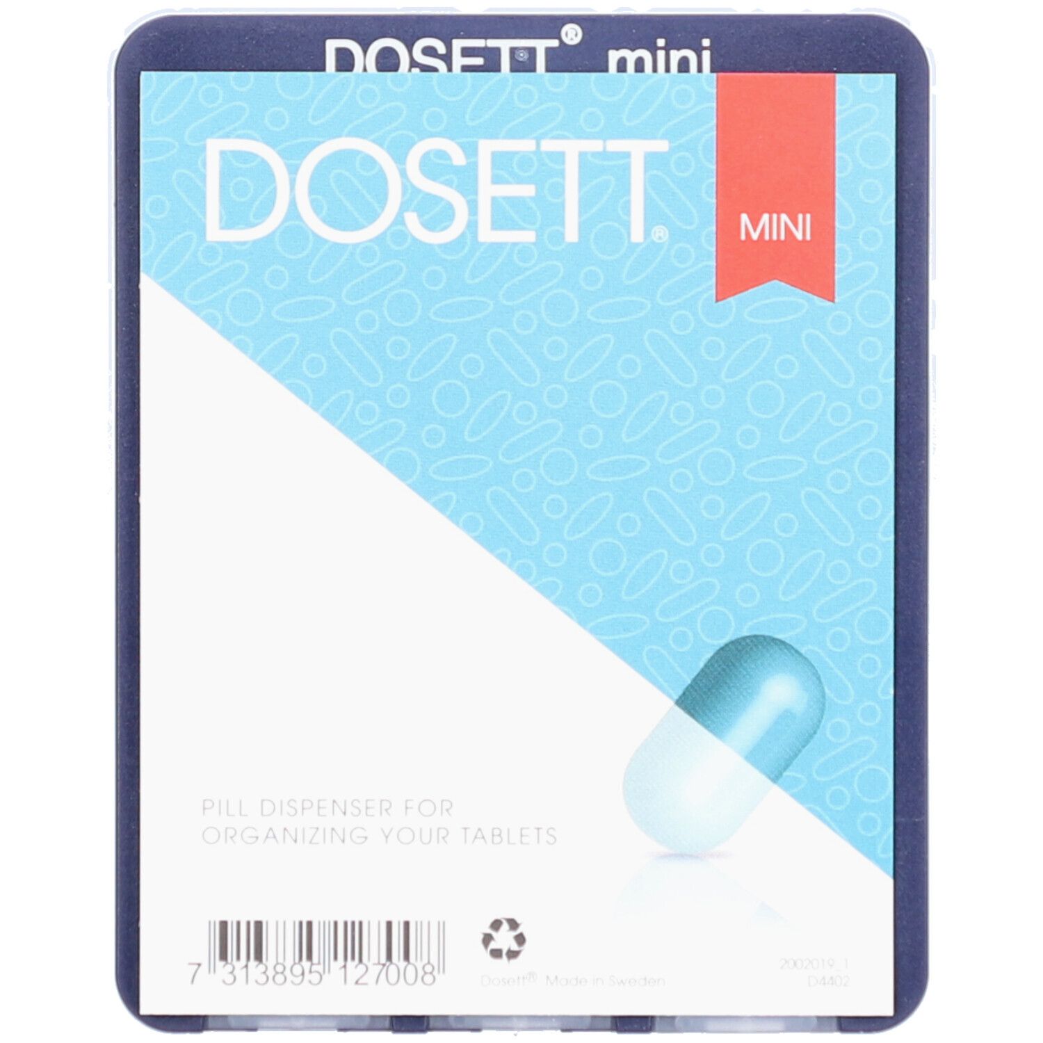 Pilulier transparent avec 21 compartiments, emballage plastique. Compartiments pour la répartition hebdomadaire. Marquage CE.