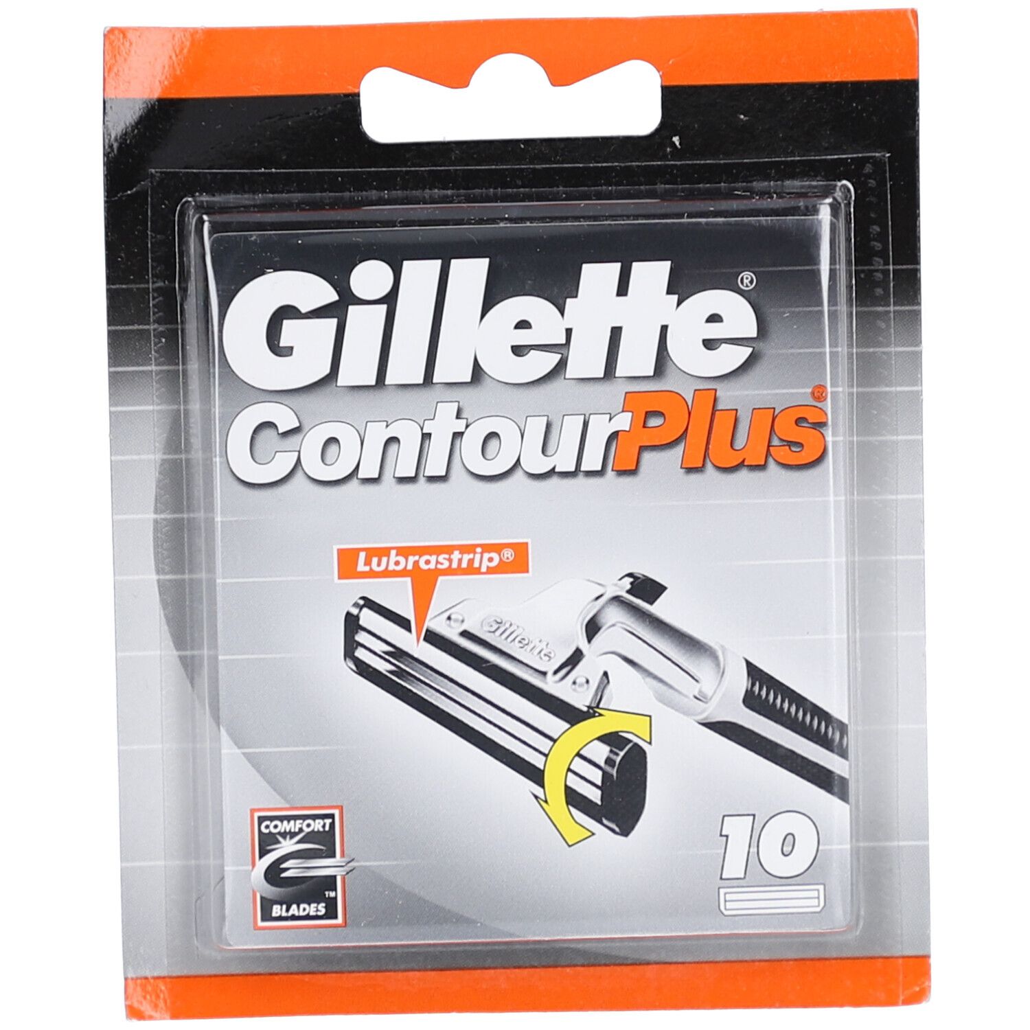 Paquet de lames de rasoir Gillette Contour Plus. Contient 10 lames. Inscription Lubrastrip et Comfort Blades visibles.