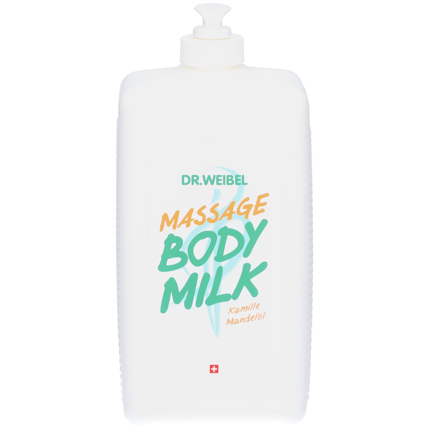 Witte fles met pomp. Opschrift: DR. WEIBEL, MASSAGE BODY MILK. Zwitsers kruis.