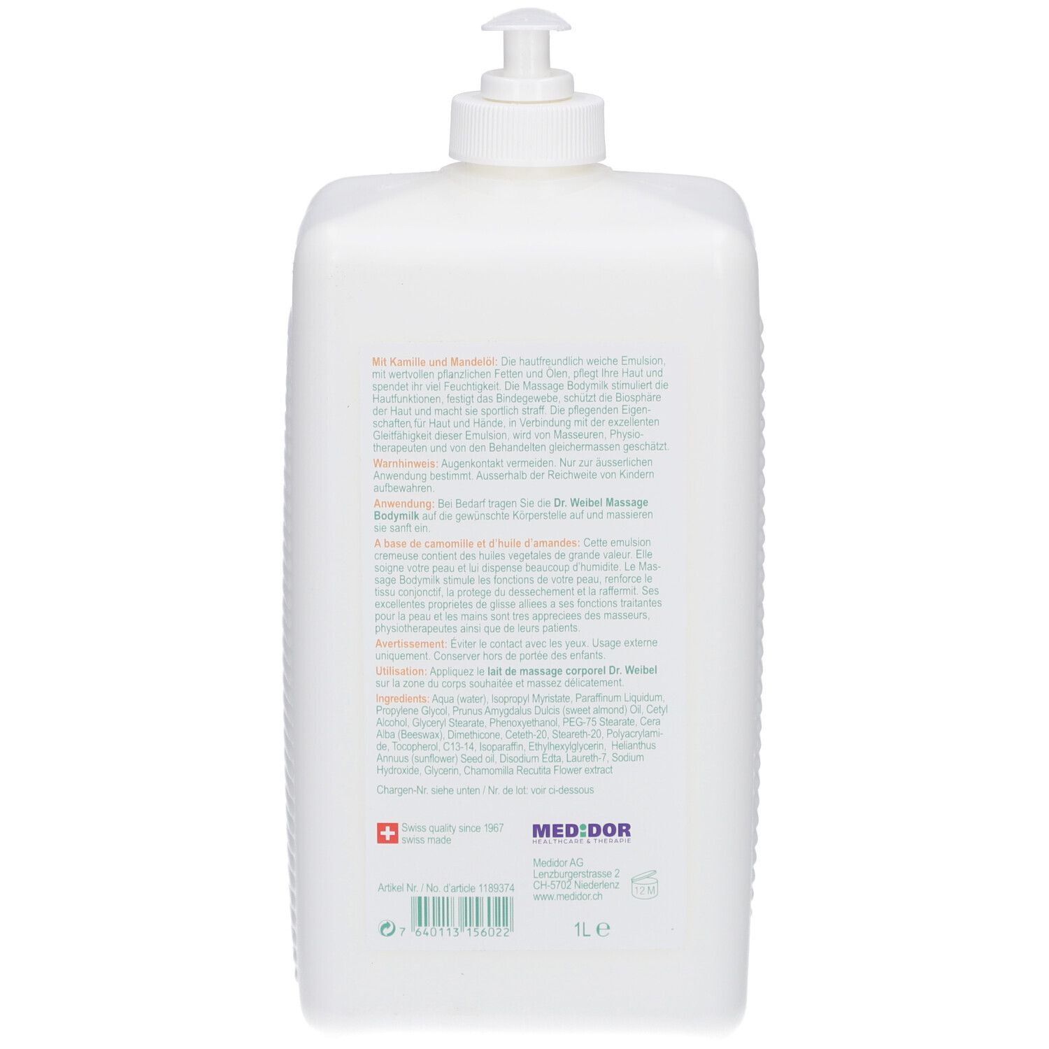 Achterkant van de witte fles. Meertalige tekst. Zwitsers kruis. Opschrift: MED:DOR.