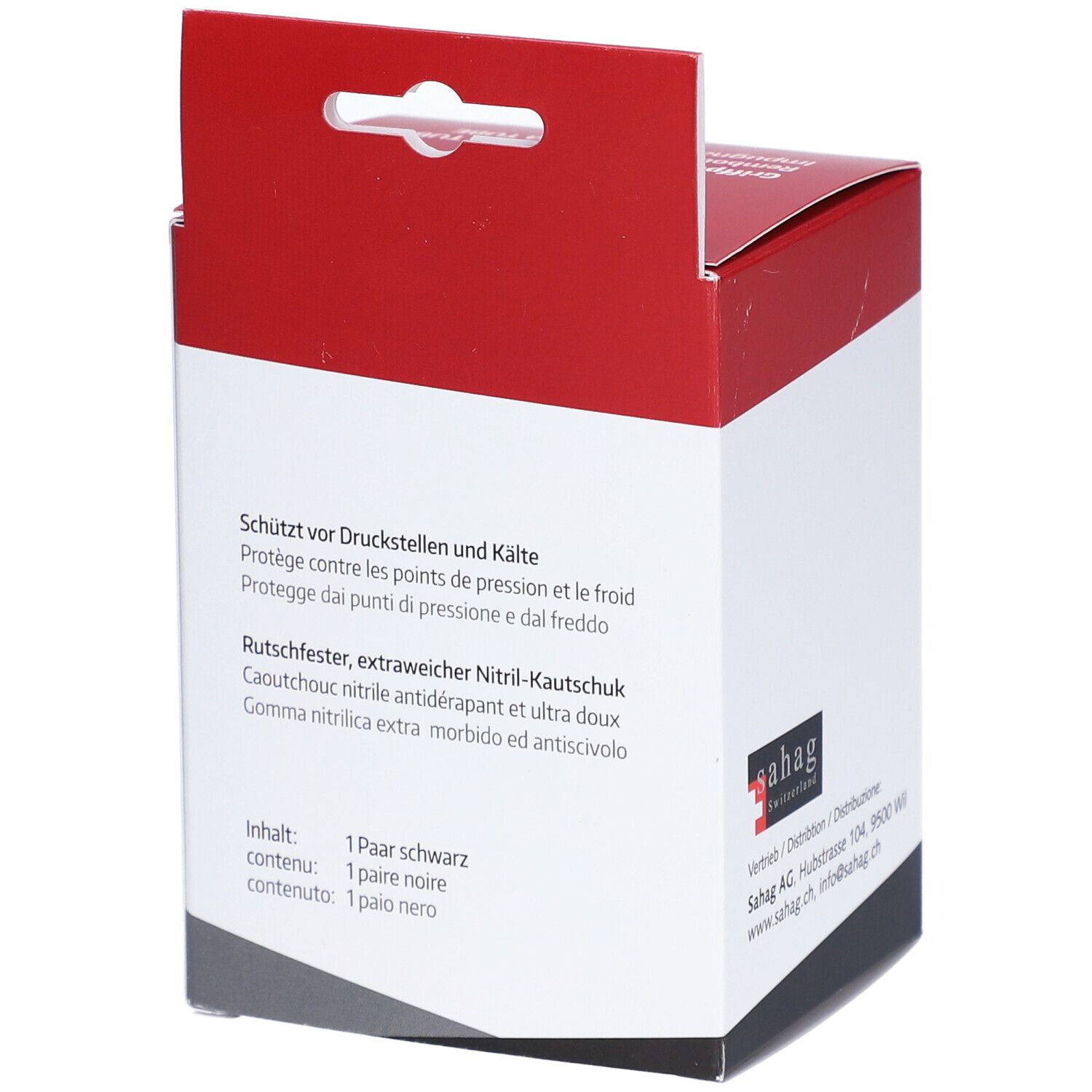 Achterkant van de verpakking met tekst. Beschermt tegen drukplekken en kou. Antislip nitrilrubber. Merk: sahag.