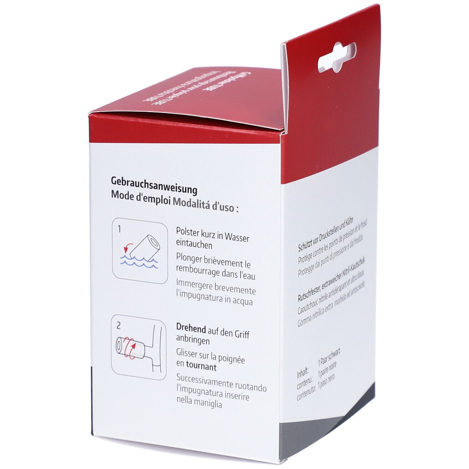 Achterkant van de verpakking met gebruiksaanwijzing. Dompelen in water. Aanbrengen op de handgreep. Merk: sahag.