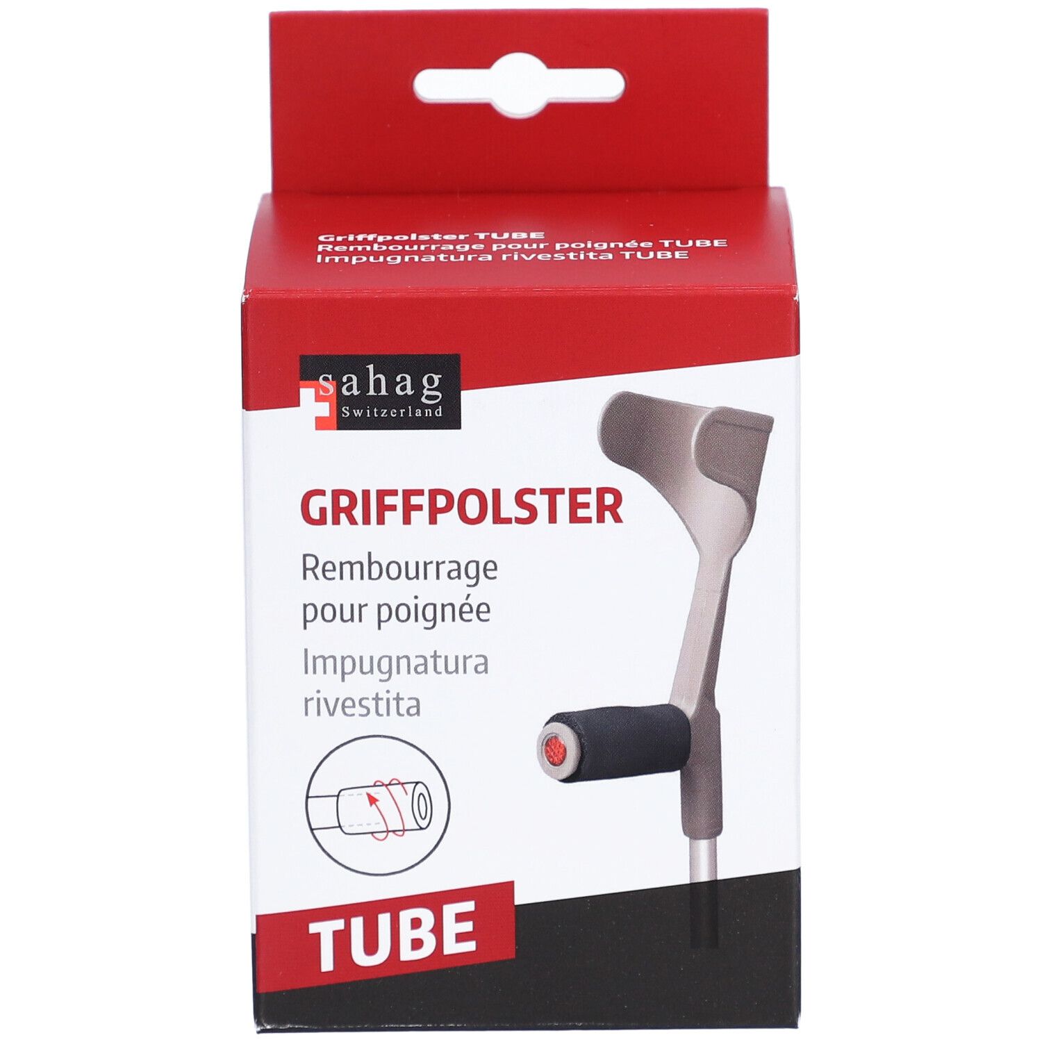 Verpakking met handvatvulling voor krukken. Rode en witte doos met productafbeelding en tekst. Merk: sahag.