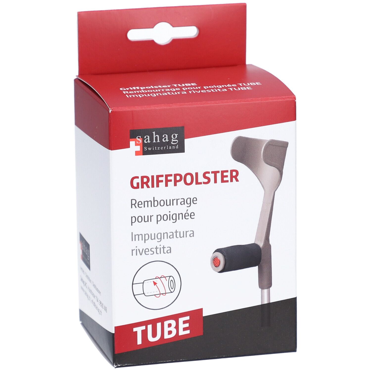 Verpakking met handvatvulling voor krukken. Rode en witte doos met productafbeelding en tekst. Merk: sahag.