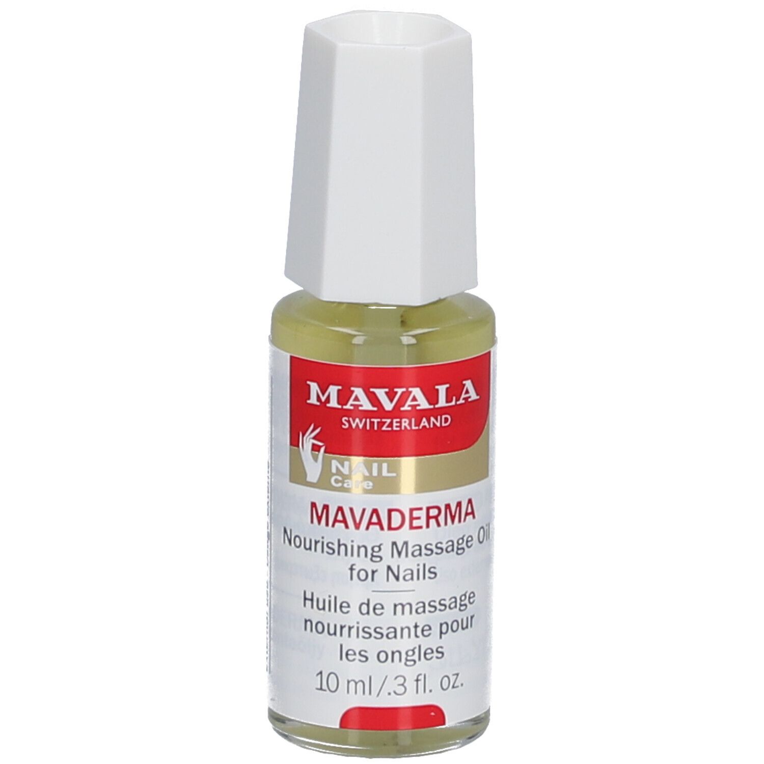 Mavala Mavaderma, nagelmassageolie, flesje van 10 ml met witte dop. Opschrift: Nourishing Massage Oil for Nails.