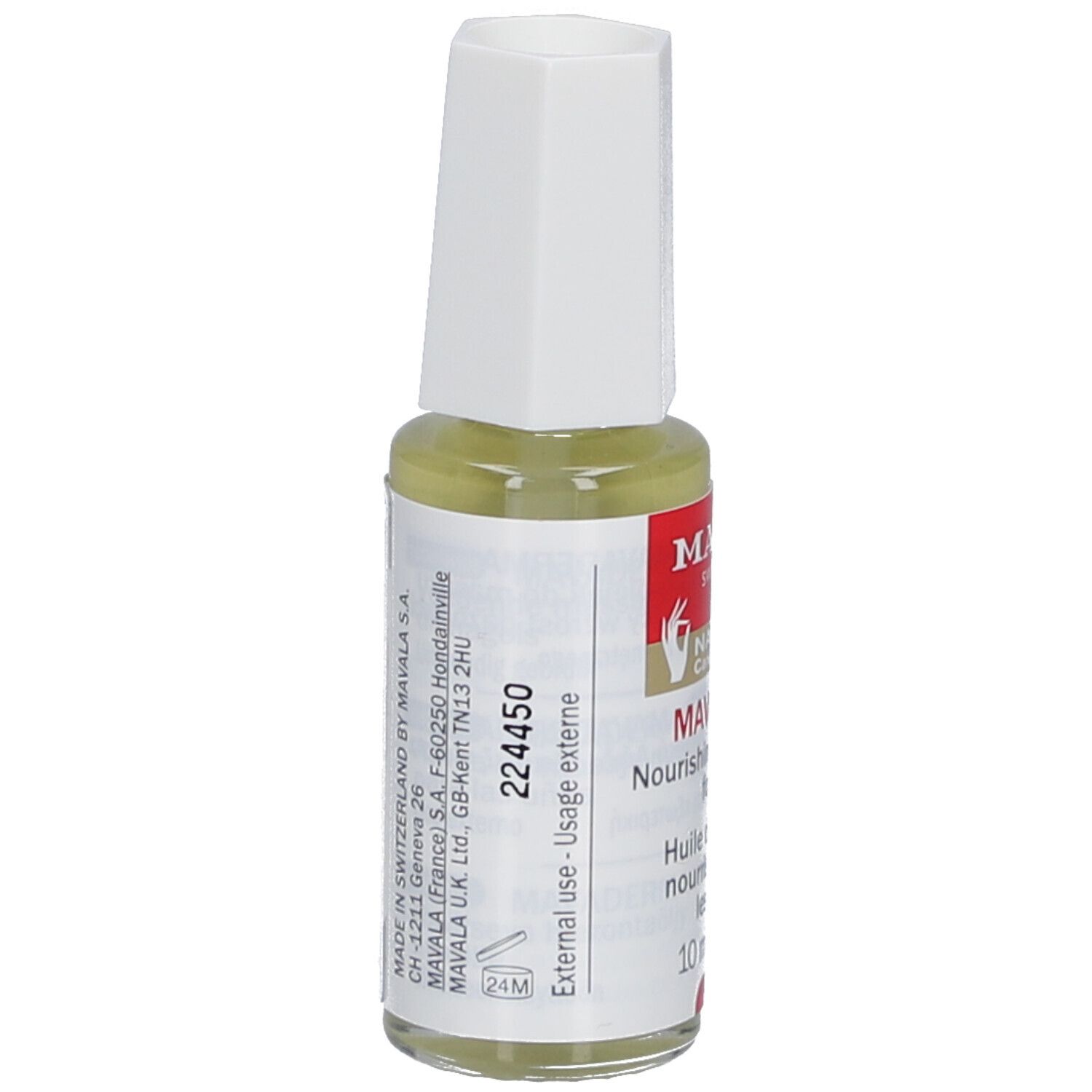 Mavala Mavaderma, nagelmassageolie, flesje met witte dop. Opschrift: Nourishing Massage Oil for Nails. Details en batchnummer.