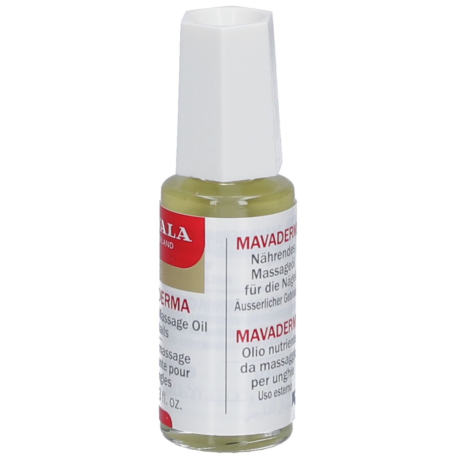 Mavala Mavaderma, nagelmassageolie, flesje met witte dop. Opschrift: Nourishing Massage Oil for Nails. Meertalige productinformatie.