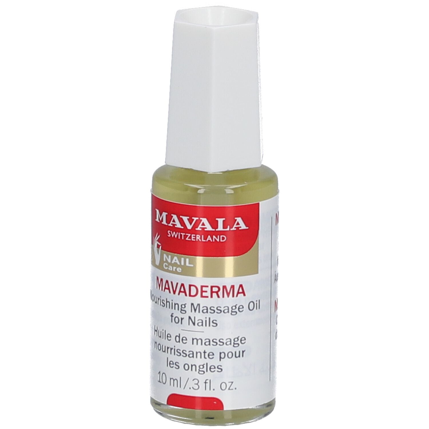 Mavala Mavaderma, nagelmassageolie, flesje van 10 ml met witte dop. Opschrift: Nourishing Massage Oil for Nails.