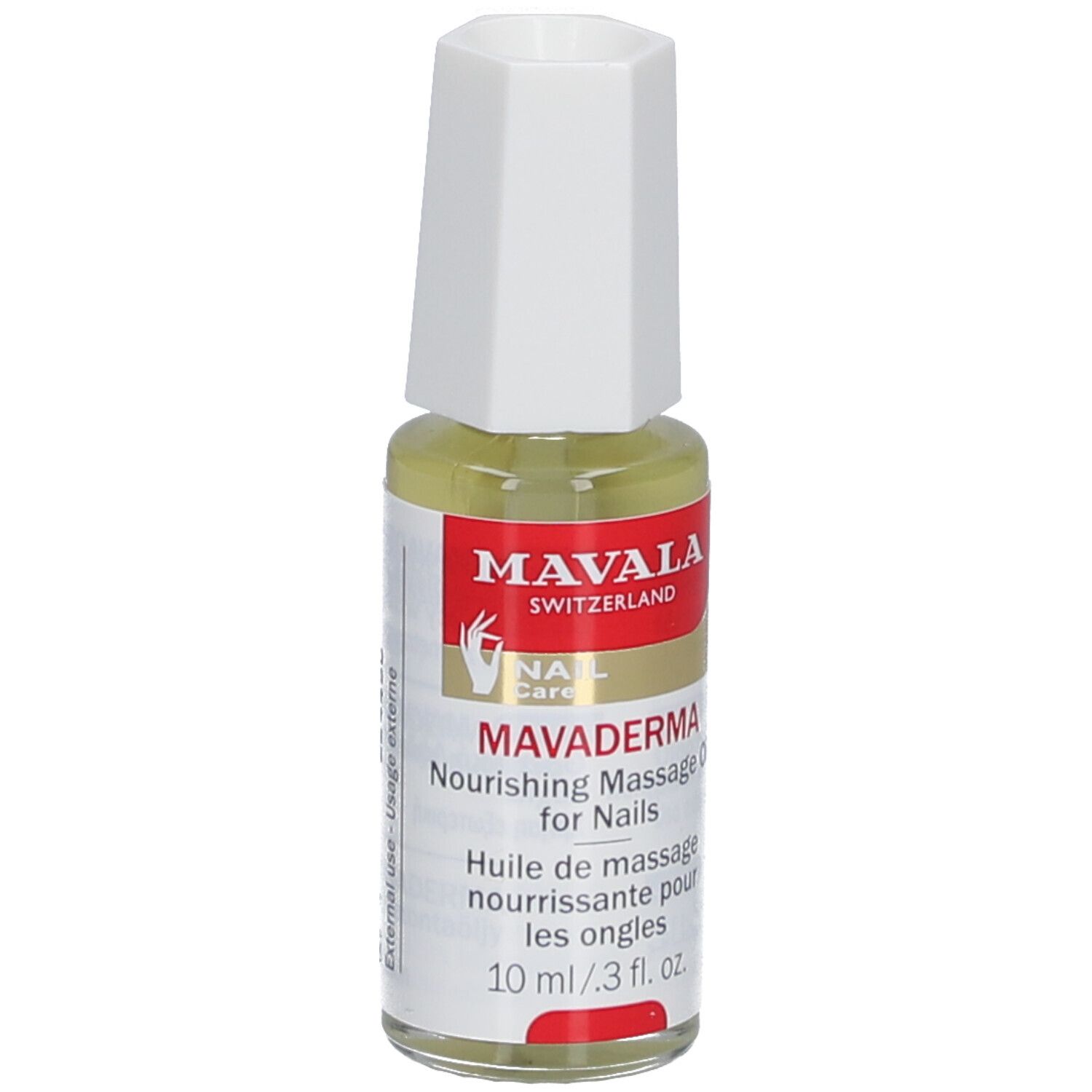 Mavala Mavaderma, nagelmassageolie, flesje van 10 ml met witte dop. Opschrift: Nourishing Massage Oil for Nails.