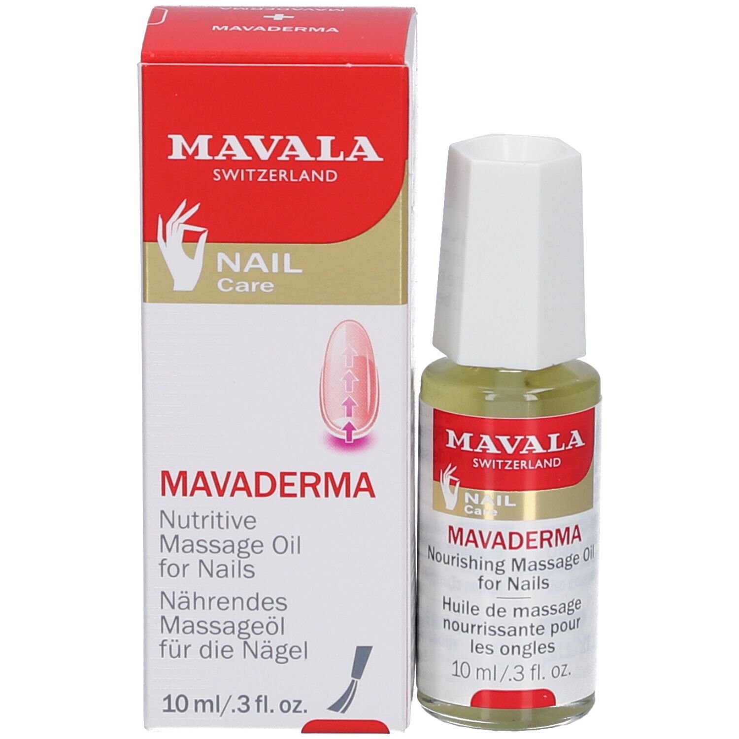 Mavala Mavaderma, nagelolie, flesje en verpakking. Opschrift: Nourishing Massage Oil for Nails. 10 ml.