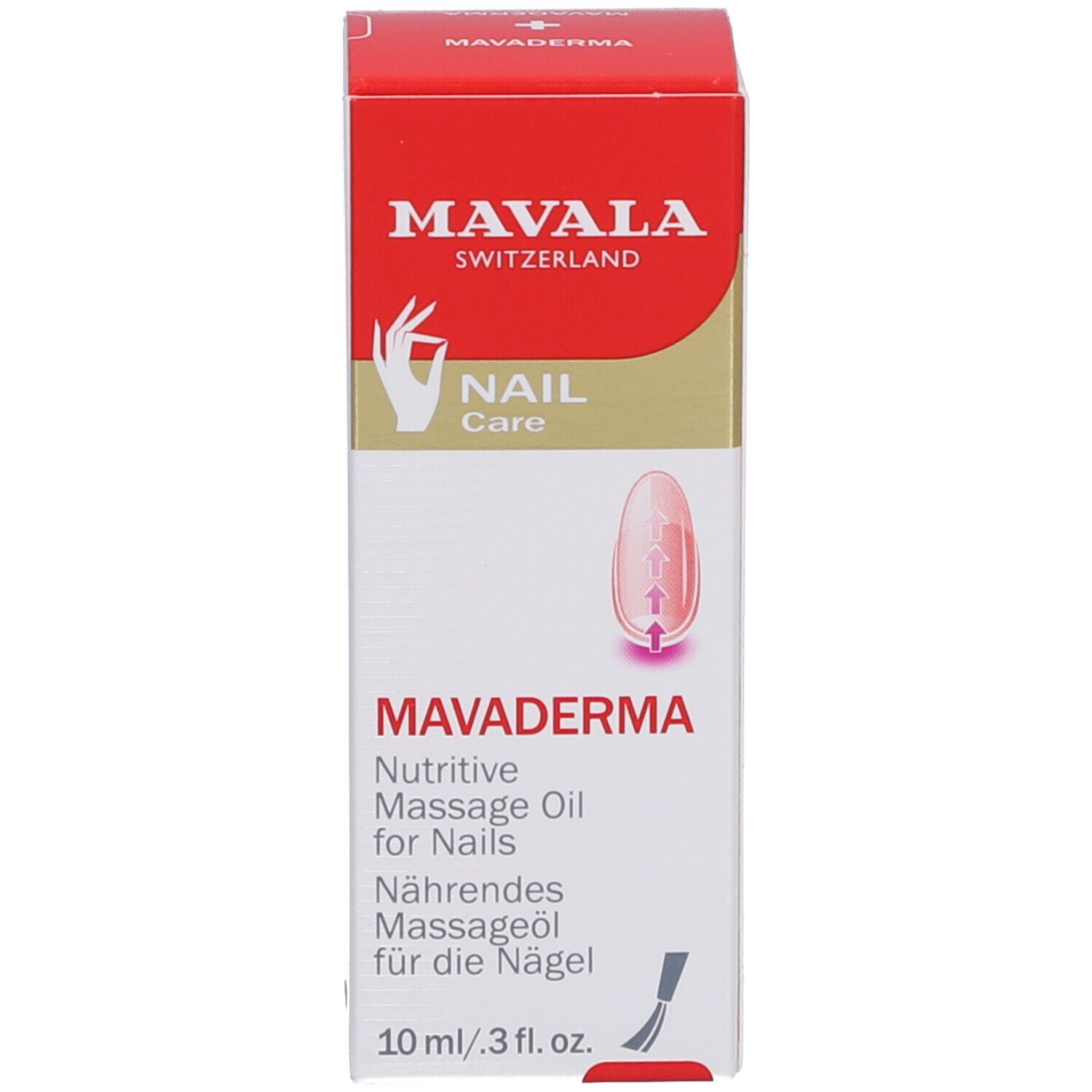 Mavala Mavaderma, nagelolie, flesje en verpakking. Opschrift: Nourishing Massage Oil for Nails. 10 ml.