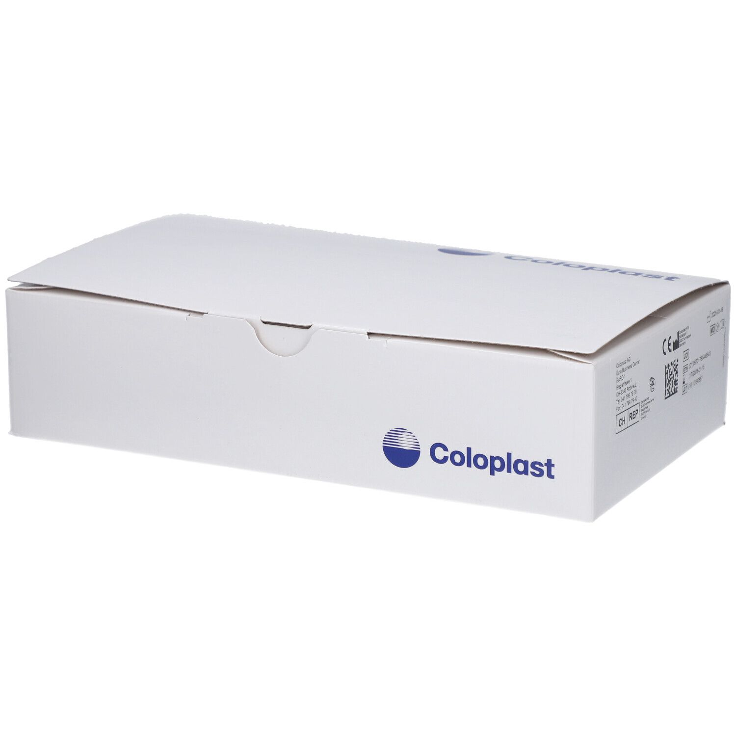 Boîte blanche avec logo et nom Coloplast bleus. Étiquette avec informations produit.