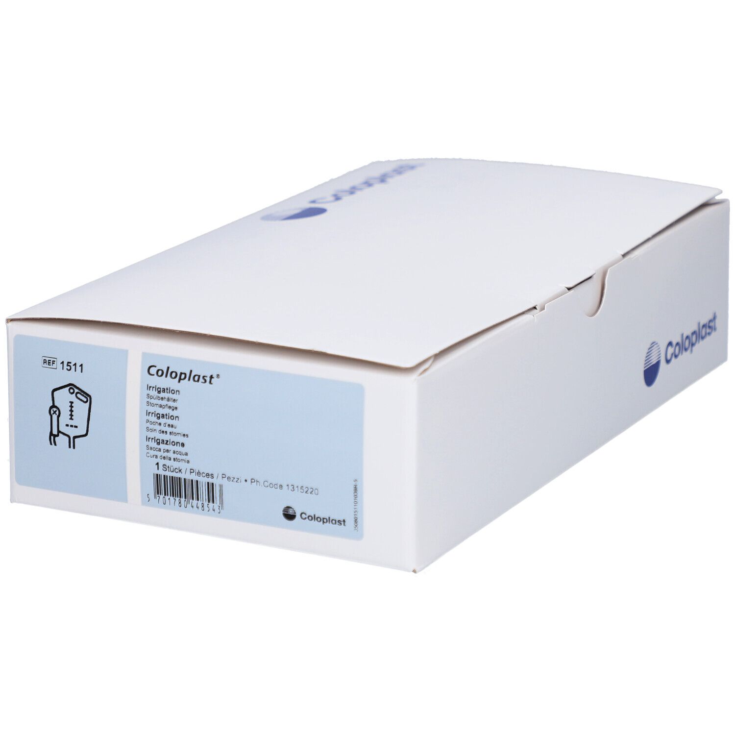 Boîte blanche avec logo et nom Coloplast bleus. Étiquette avec informations produit.